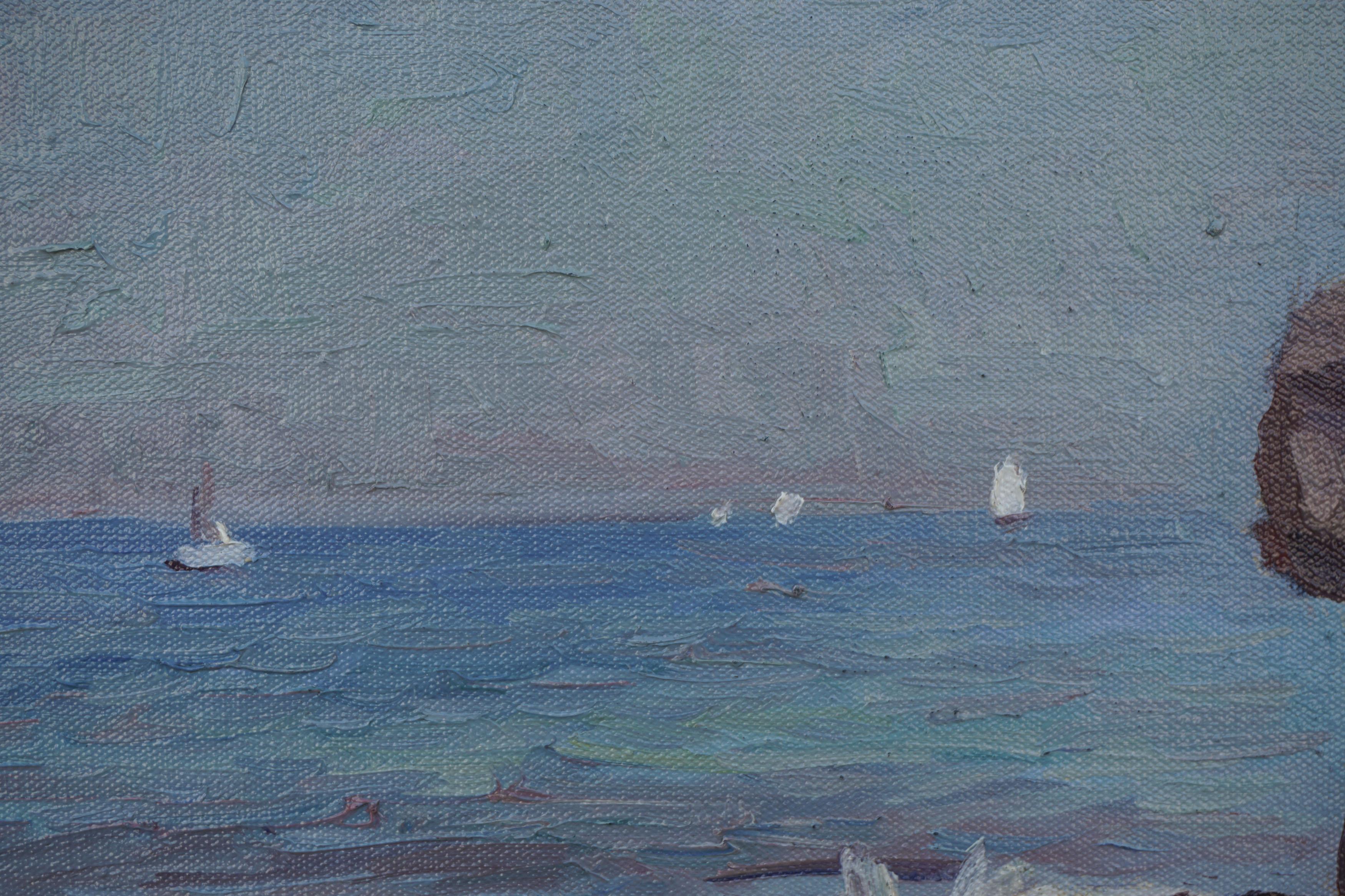 Vela vicino a Santa Barbara, paesaggio marino costiero di metà secolo con barche a vela - Landscape Painting Grigio di John Dominque