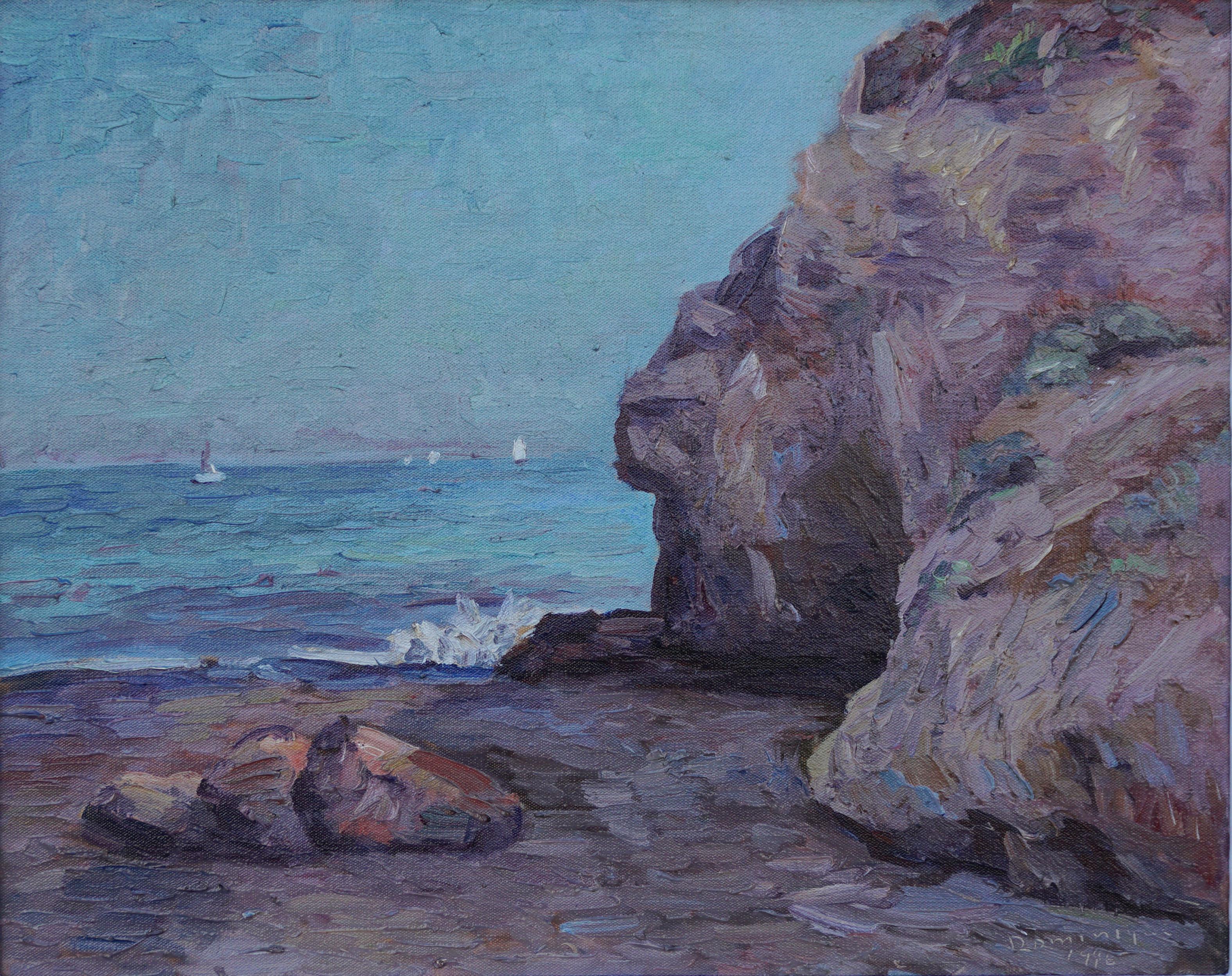 Vela vicino a Santa Barbara, paesaggio marino costiero di metà secolo con barche a vela - Painting di John Dominque