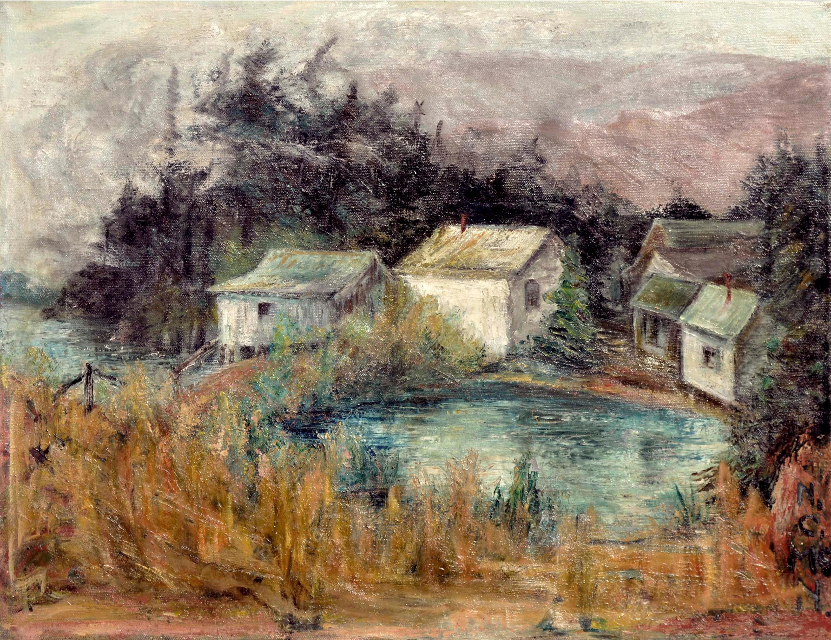 N.C. McNickle Landscape Painting - Cabins on the Lake Landscape 