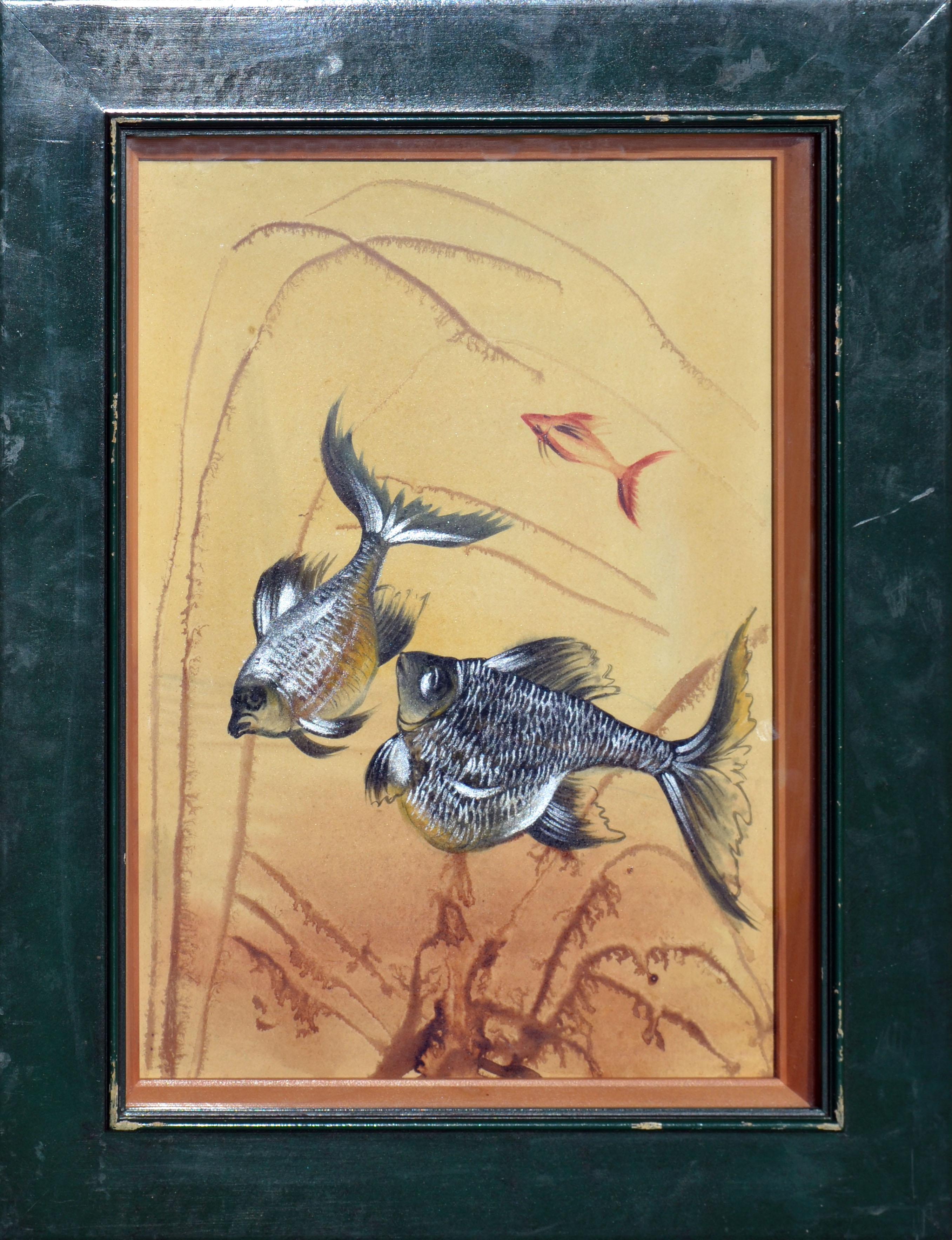 Vittorio Guidotti Animal Painting - Vintage Two Blue Goldfish