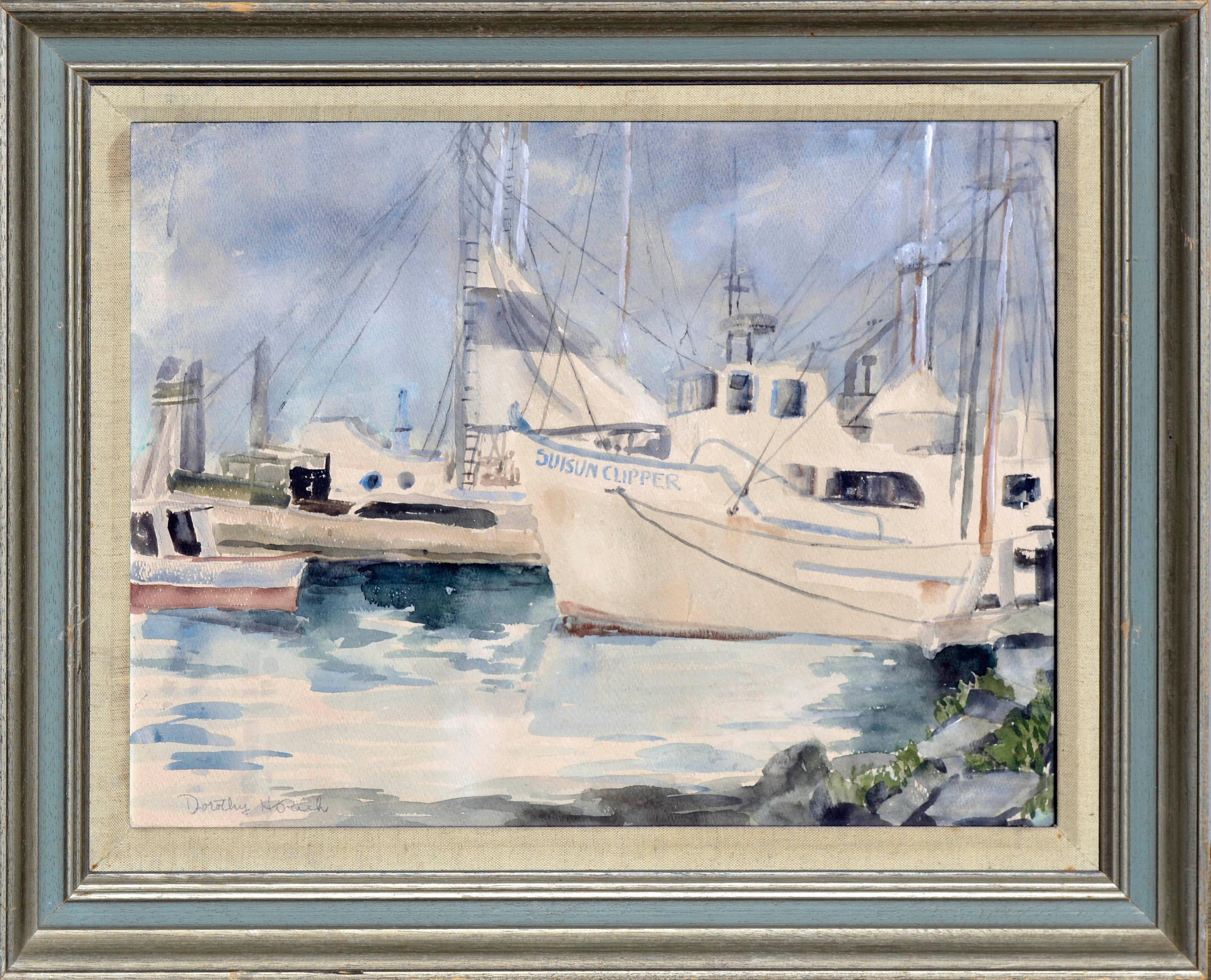 Dorothy Ruth Houghton Rich Landscape Art - Boats at Moss Landing Harbor, Mid Century Seascape 
