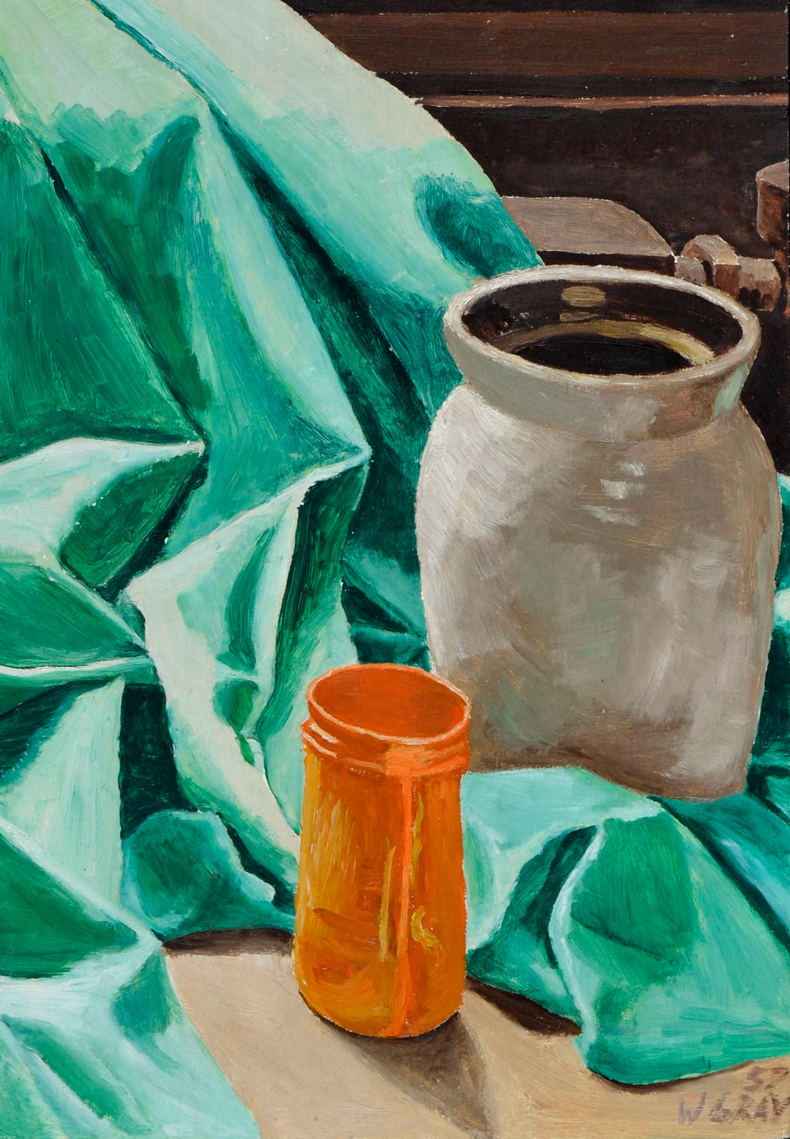 Mid-Century-Stillleben mit grüner Drapierung  (Amerikanischer Impressionismus), Painting, von W. Gray 