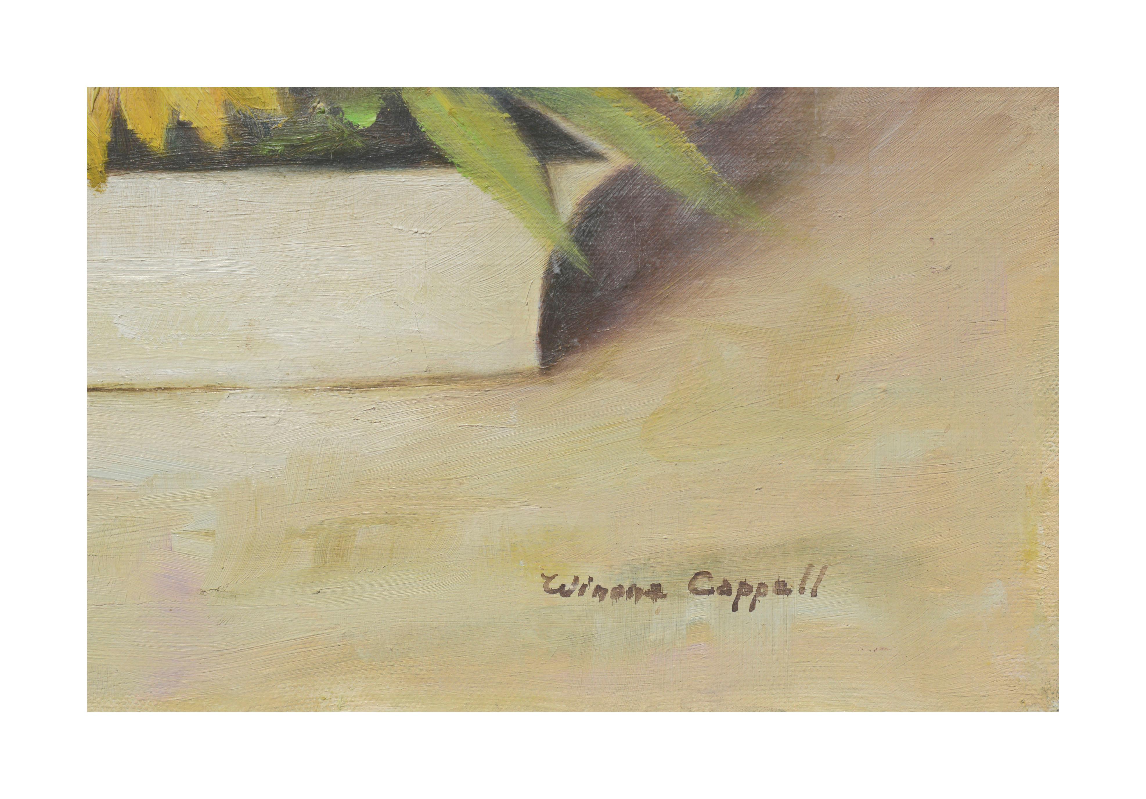 Natura morta vintage di iris e margherite - Painting Impressionismo americano di Winona Cappell 