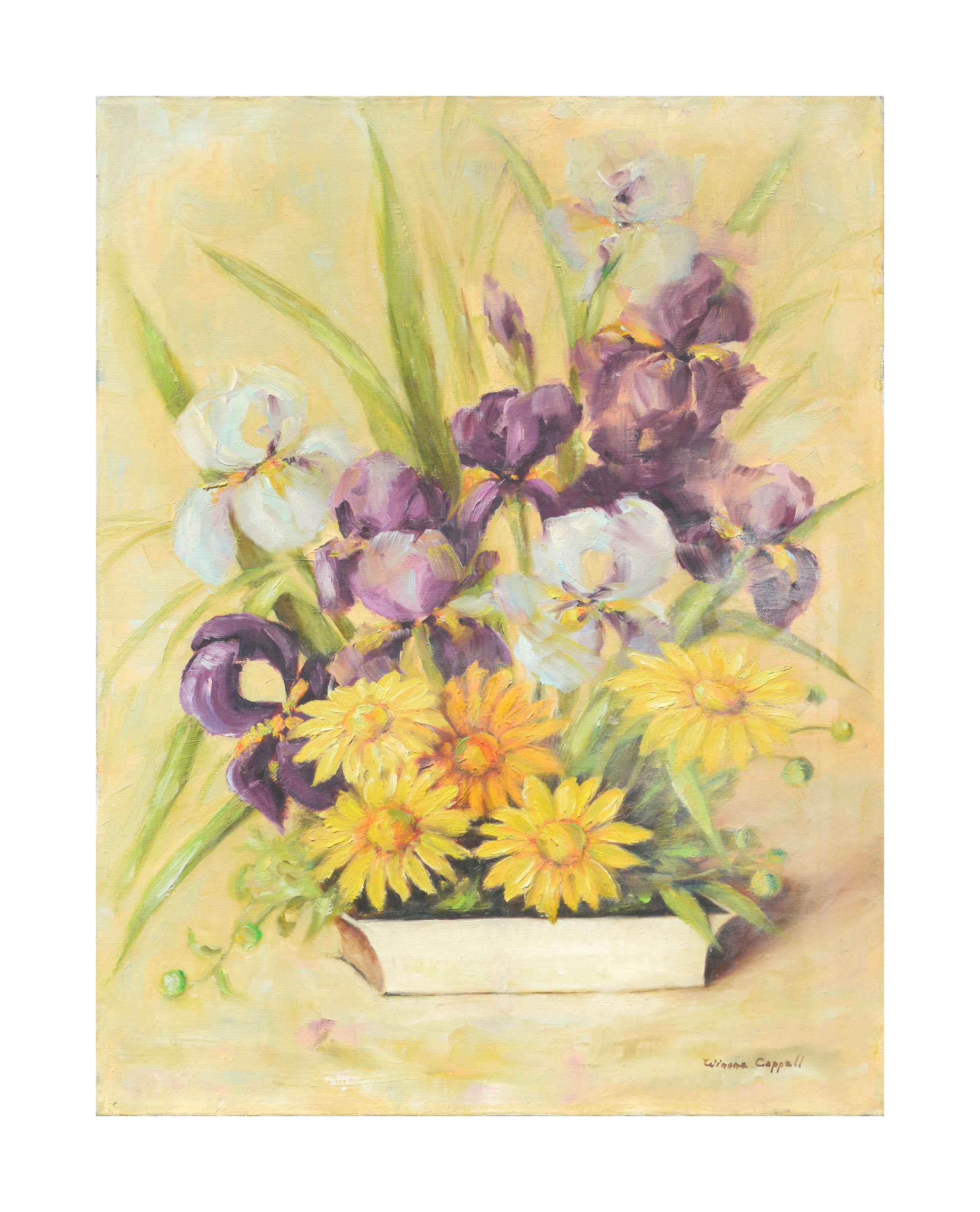 Winona Cappell  Still-Life Painting - Vintage Irises and Daisies Still Life
