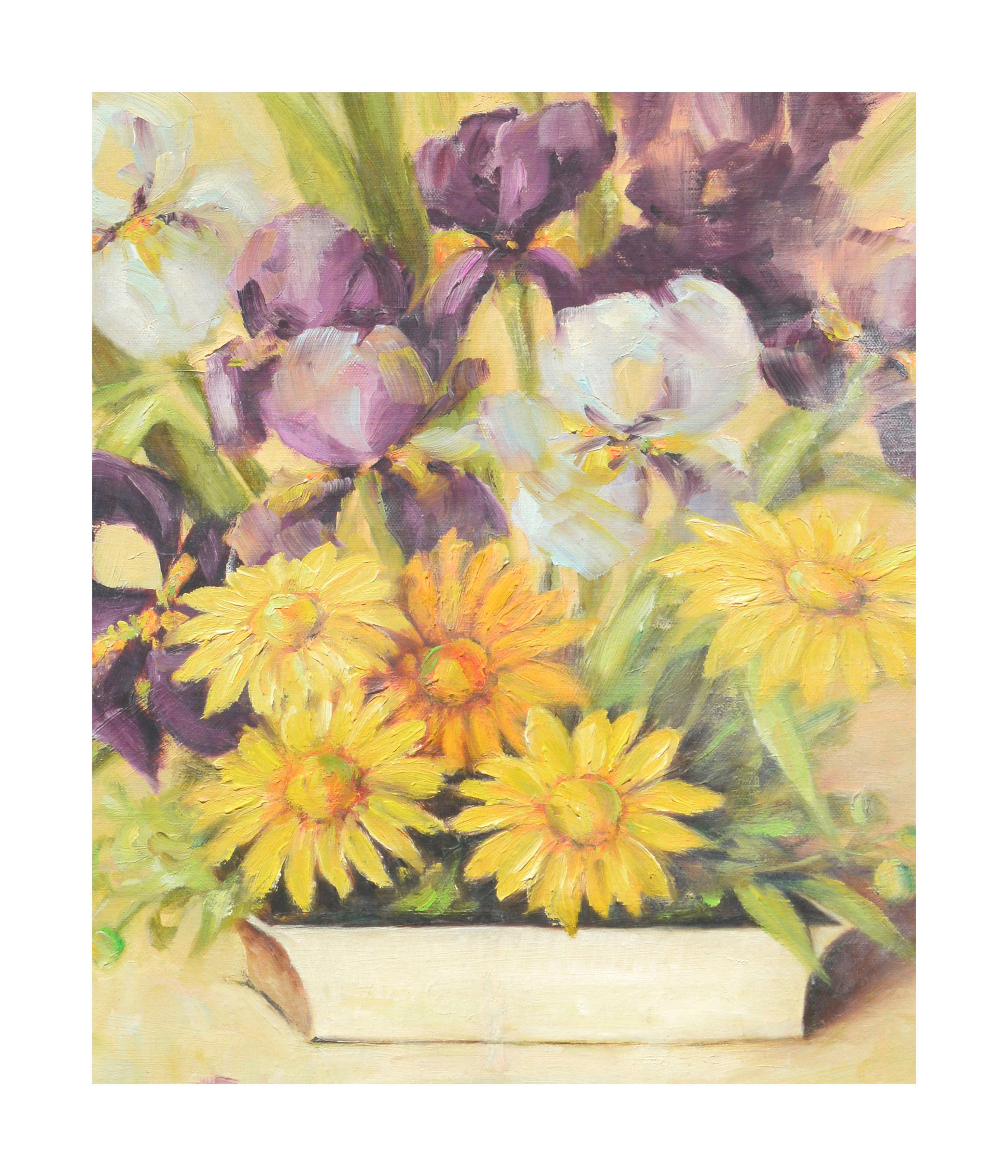 Natura morta vintage di iris e margherite - Painting di Winona Cappell 