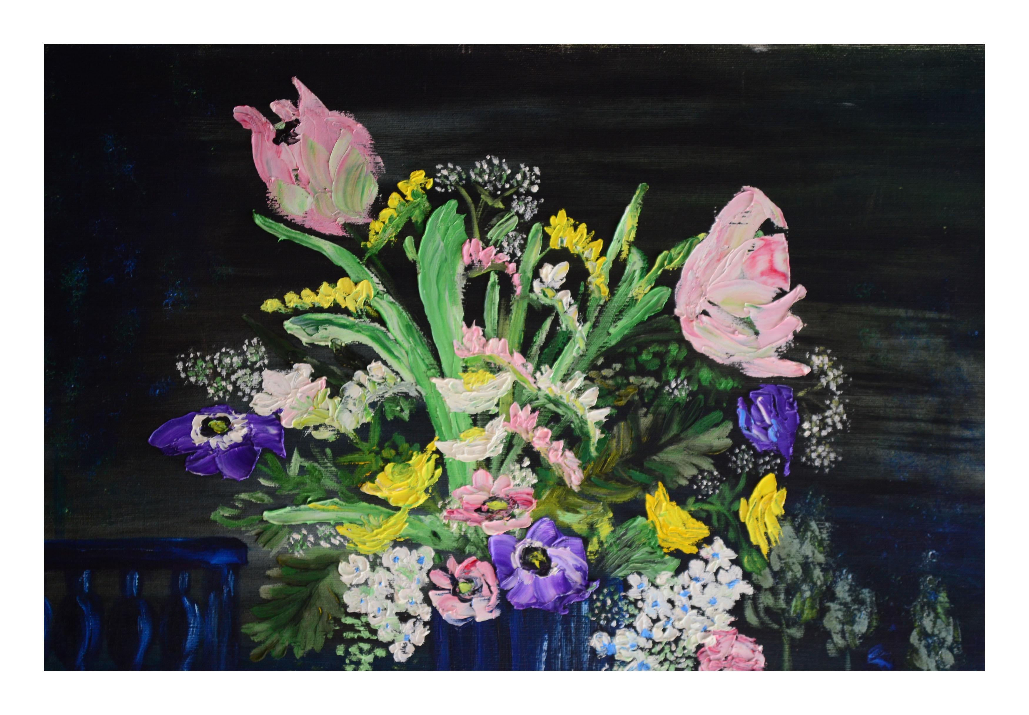 Mid Century Nocturnal Spring Bouquet Still Life - Painting by J. Fuhrman