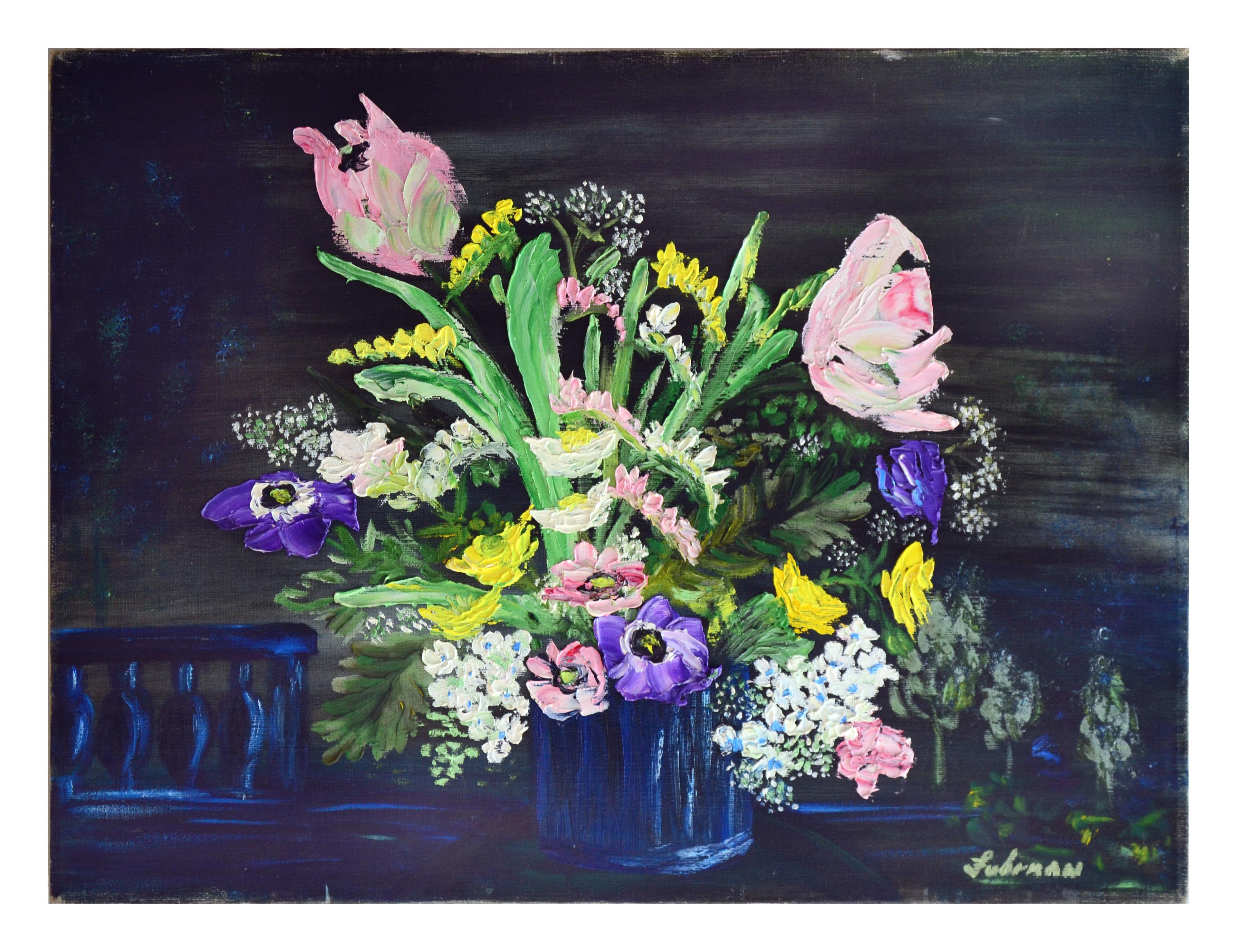 J. Fuhrman Still-Life Painting - Mid Century Nocturnal Spring Bouquet Still Life