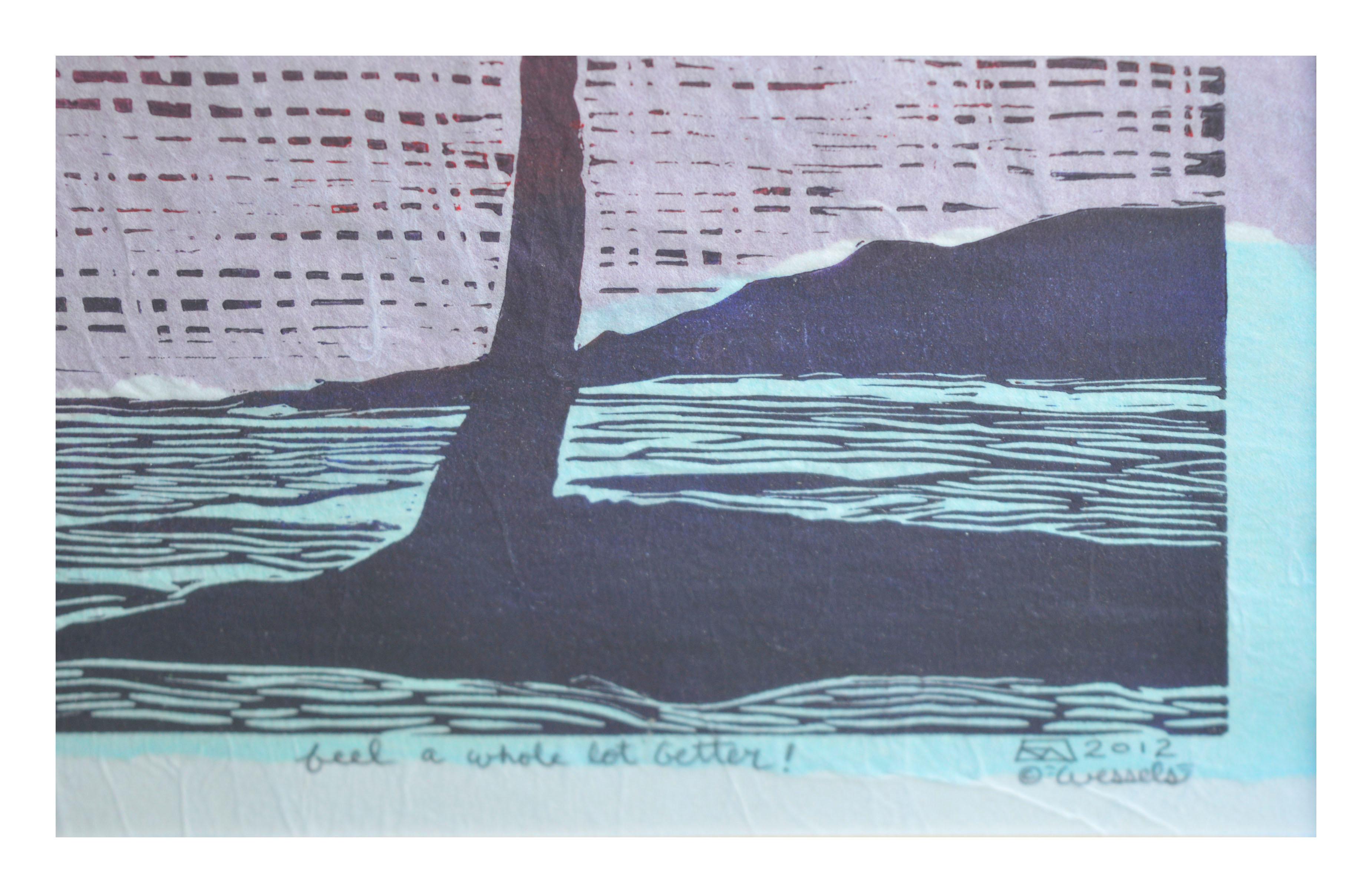 Tropischer Palmenblock-Druck (Grau), Landscape Print, von K Wessels