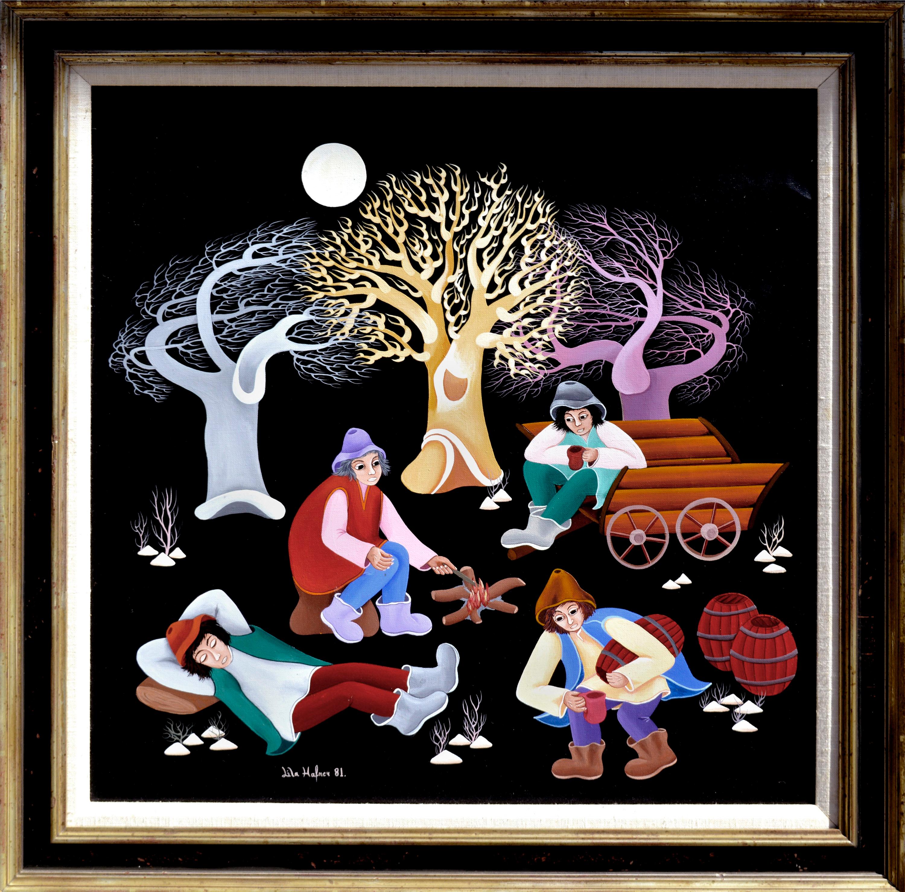 Lila Hafner Landscape Painting - Full Moon Bonfire - Figurative Landscape