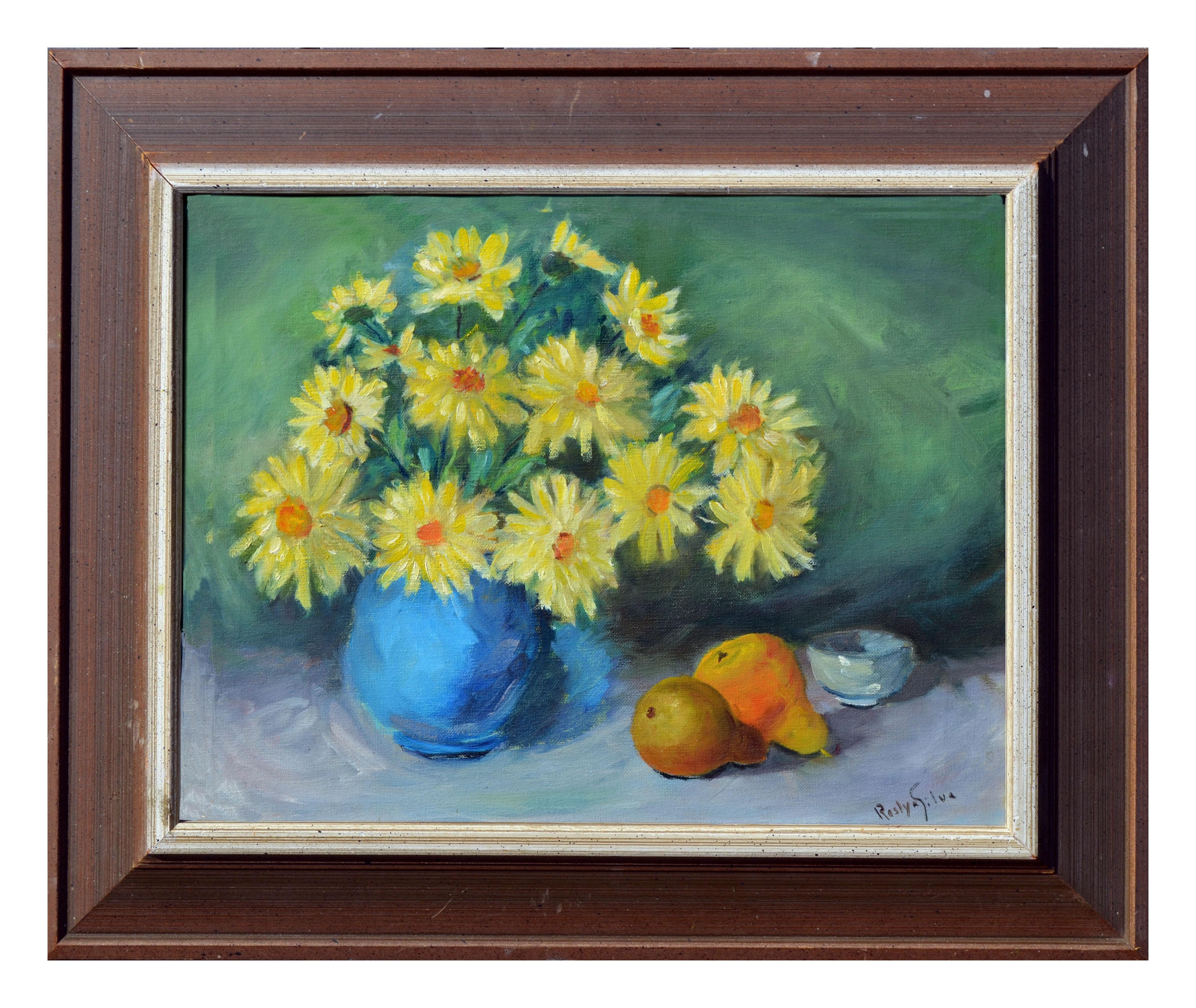 Roslyn B Silva (American,1911-2005) Still-Life Painting - Yellow Daisies and Pears Still Life