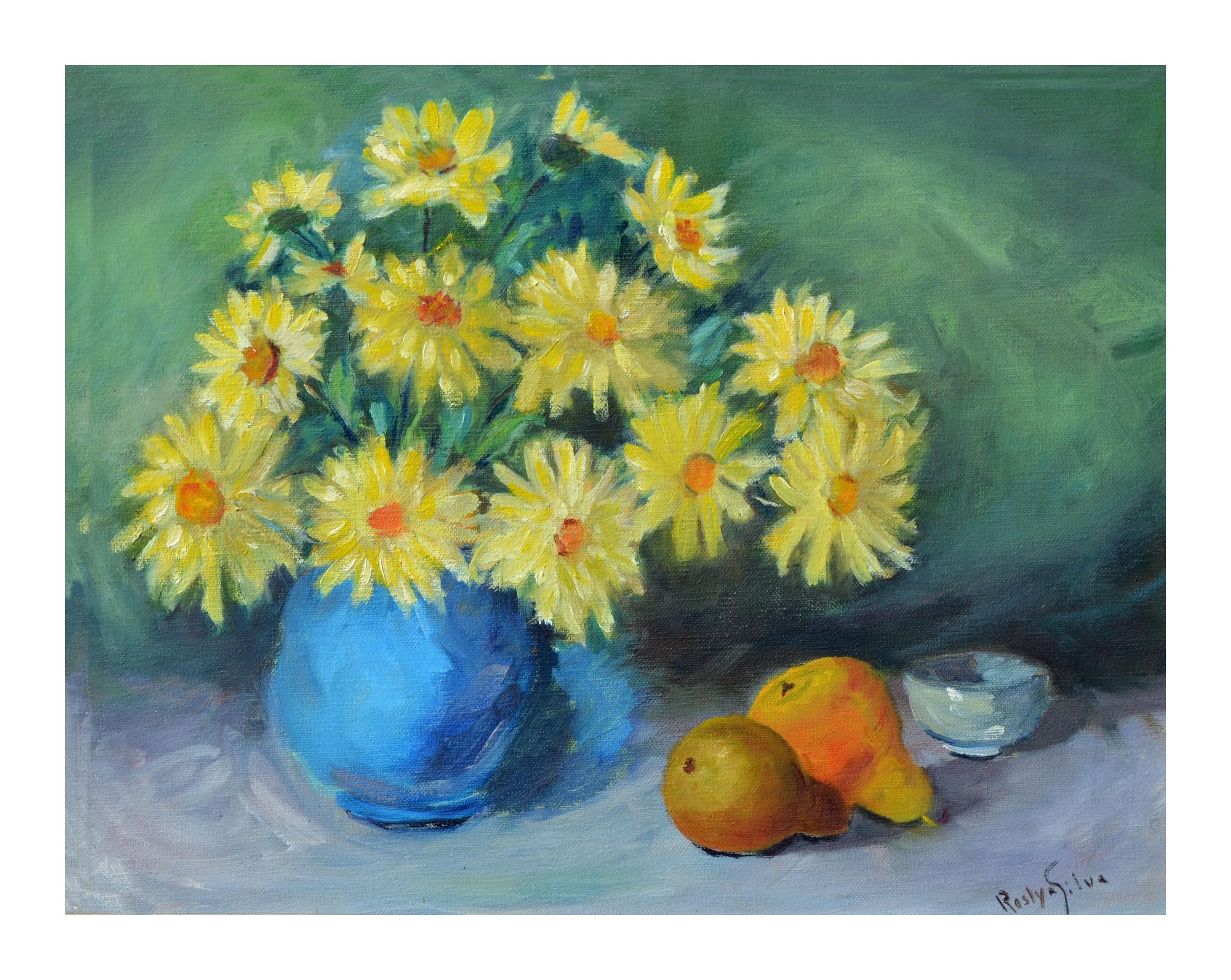 Yellow Daisies and Pears Still Life - Painting by Roslyn B Silva (American,1911-2005)
