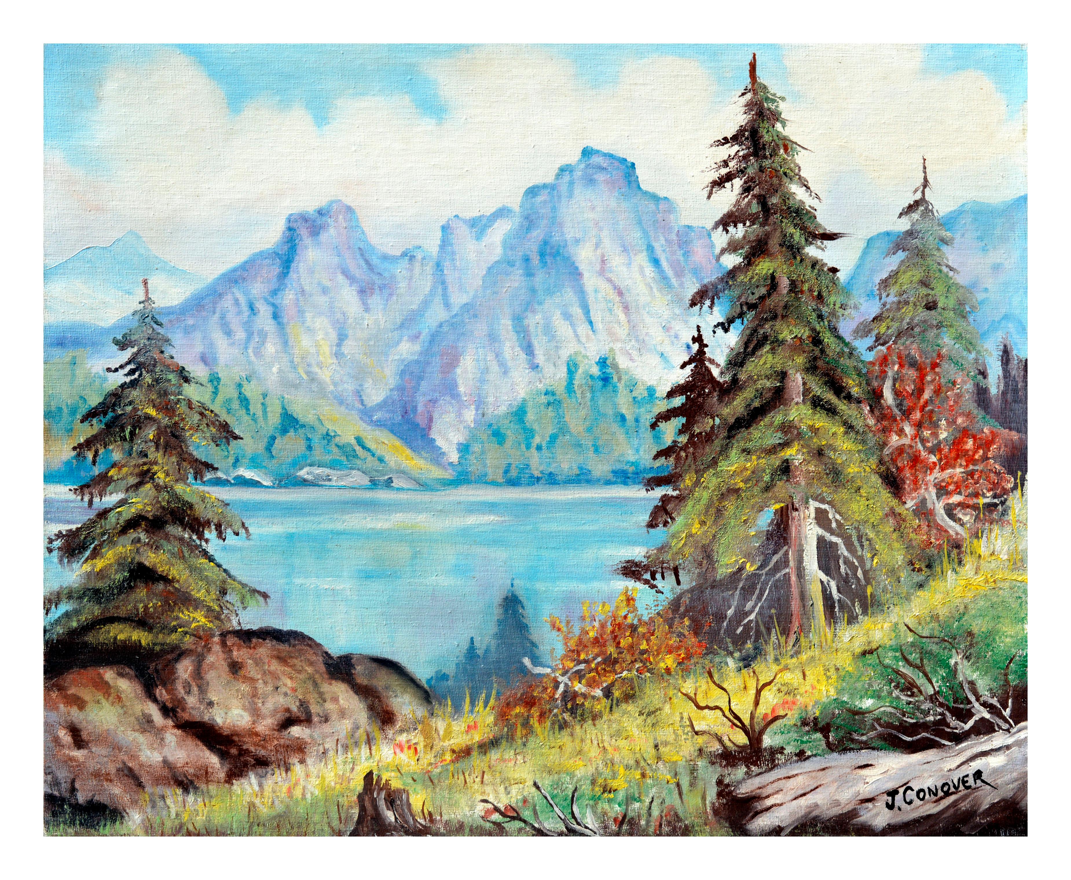 J. Conover Landscape Painting – Sierra Mountains blickt auf den Tahoe-See 