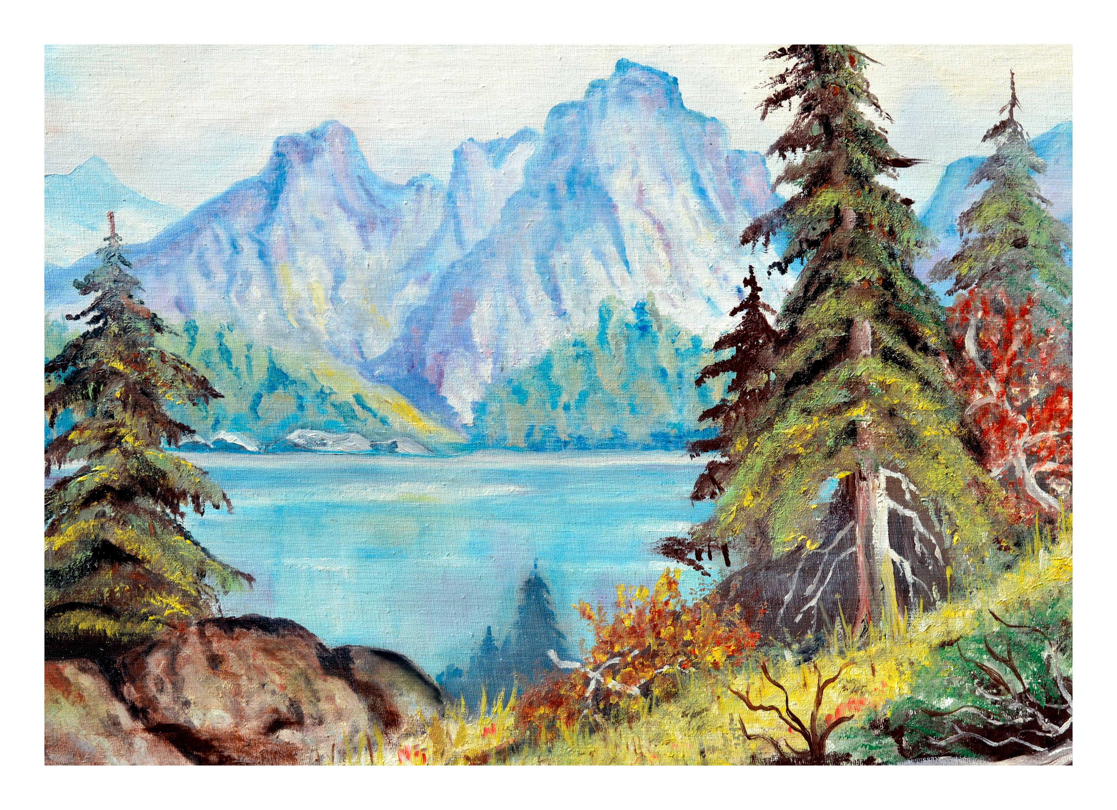 Sierra Mountains Reflecting on Tahoe Lake  - Painting by J. Conover