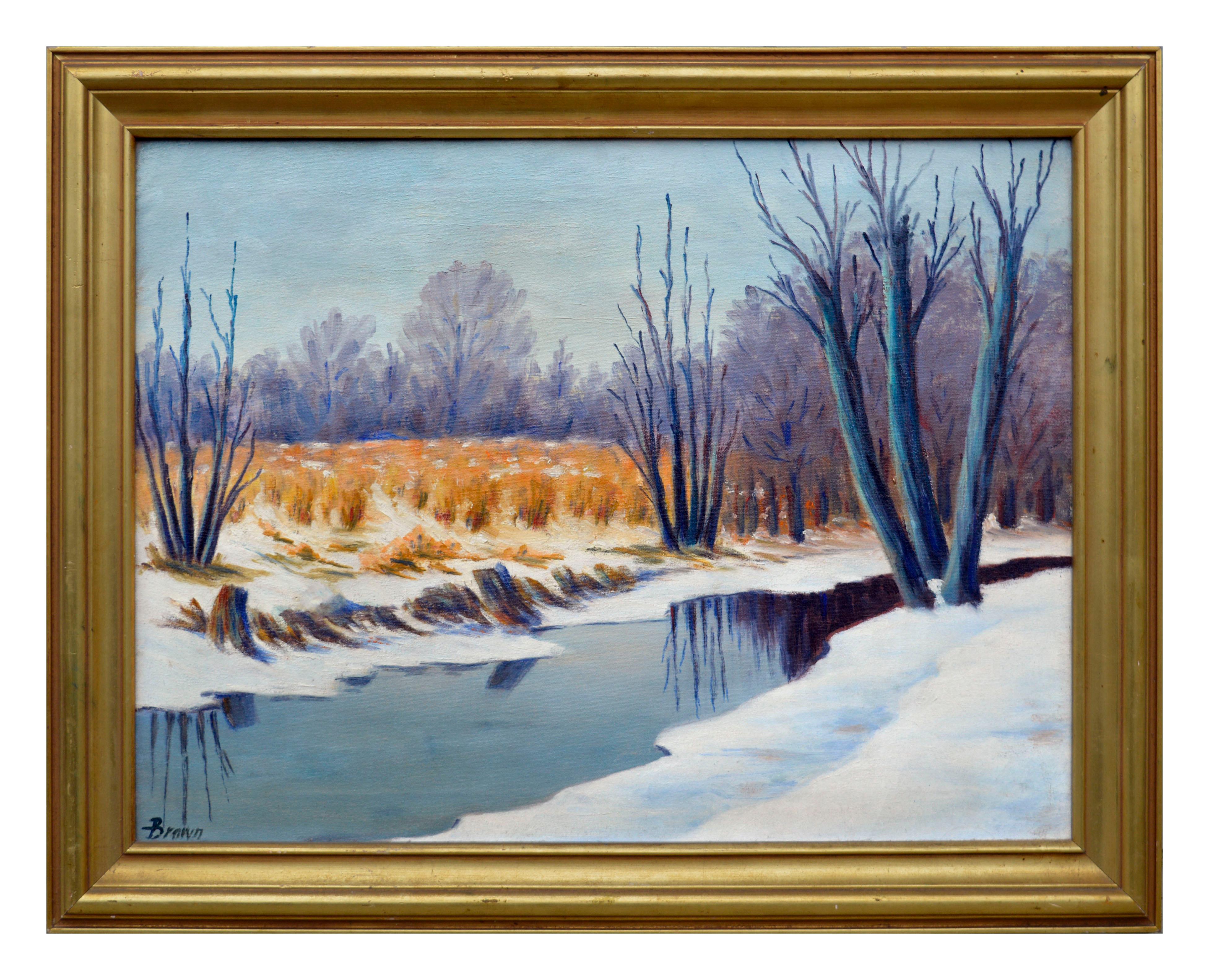 H.A. Brown Landscape Painting - The Winter Pond Mid Century Landscape