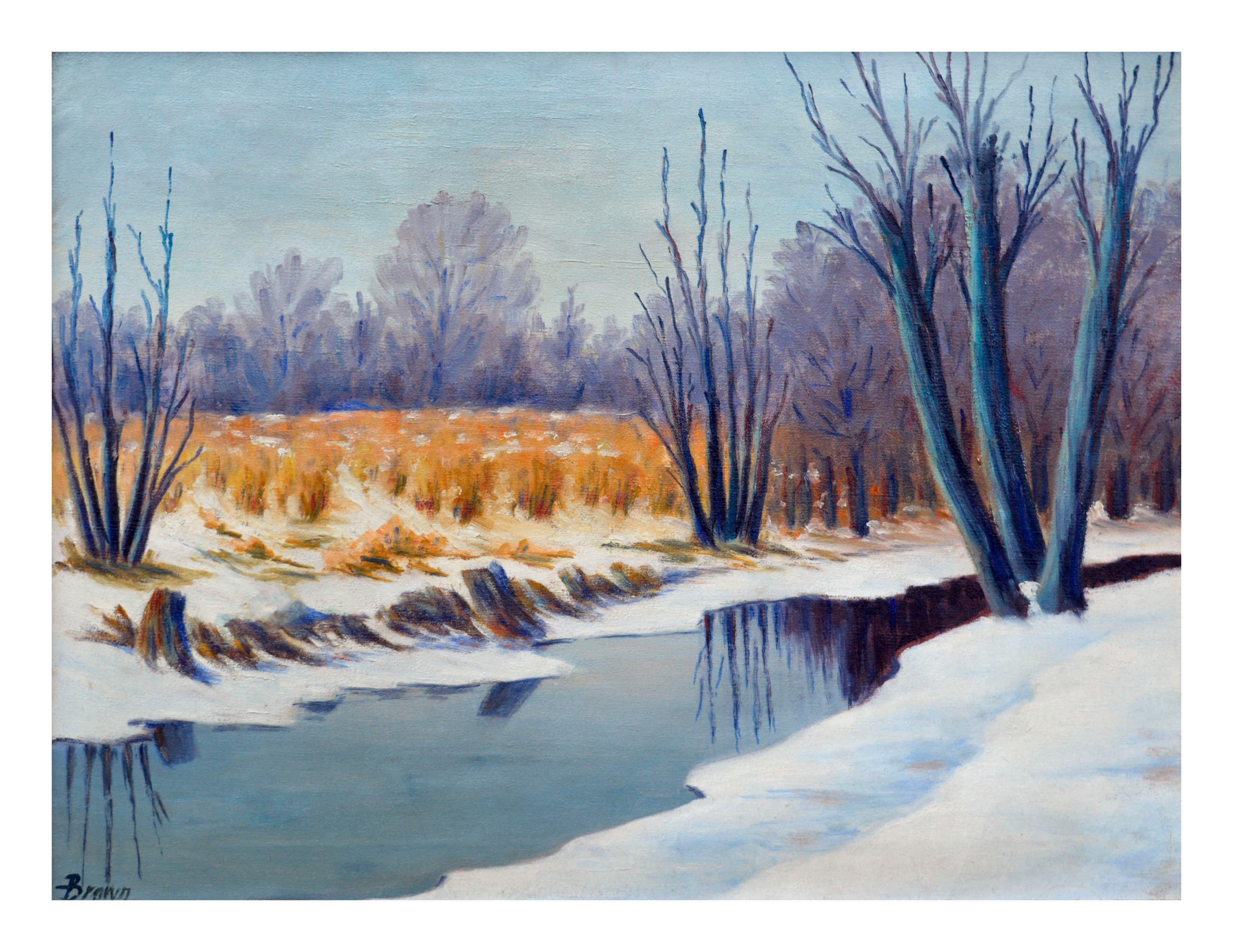 The Winter Pond Mid Century Landscape - Painting by H.A. Brown