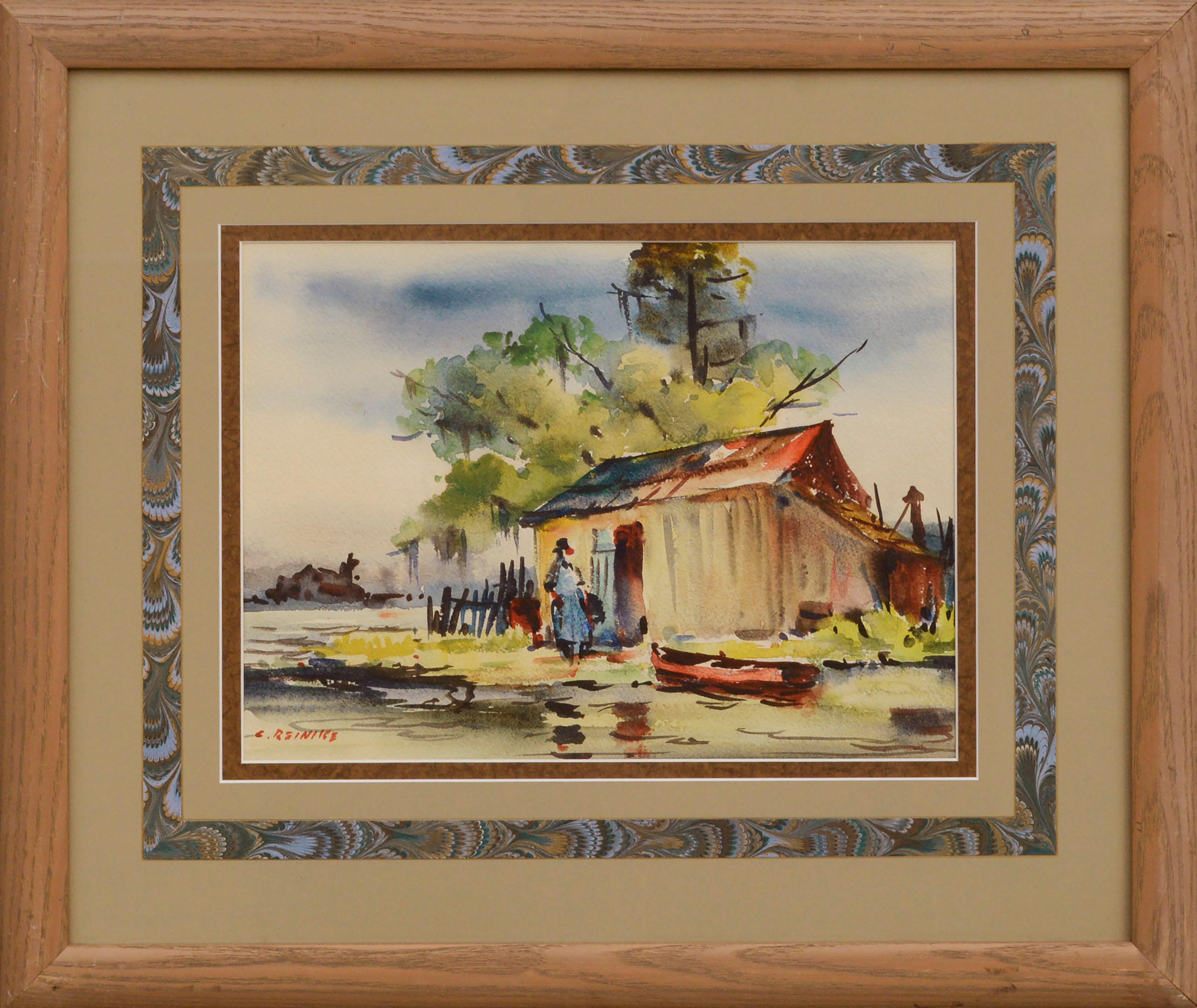 Vibrant landscape watercolor of a figure and small boat next to a cabin on the bayou by New Orleans artist Charles Reinike (Sr.) (American, 1906-1983). Signed "C. Reinike" lower left. Presented in a tan mat with paisley detail and rustic wood frame.