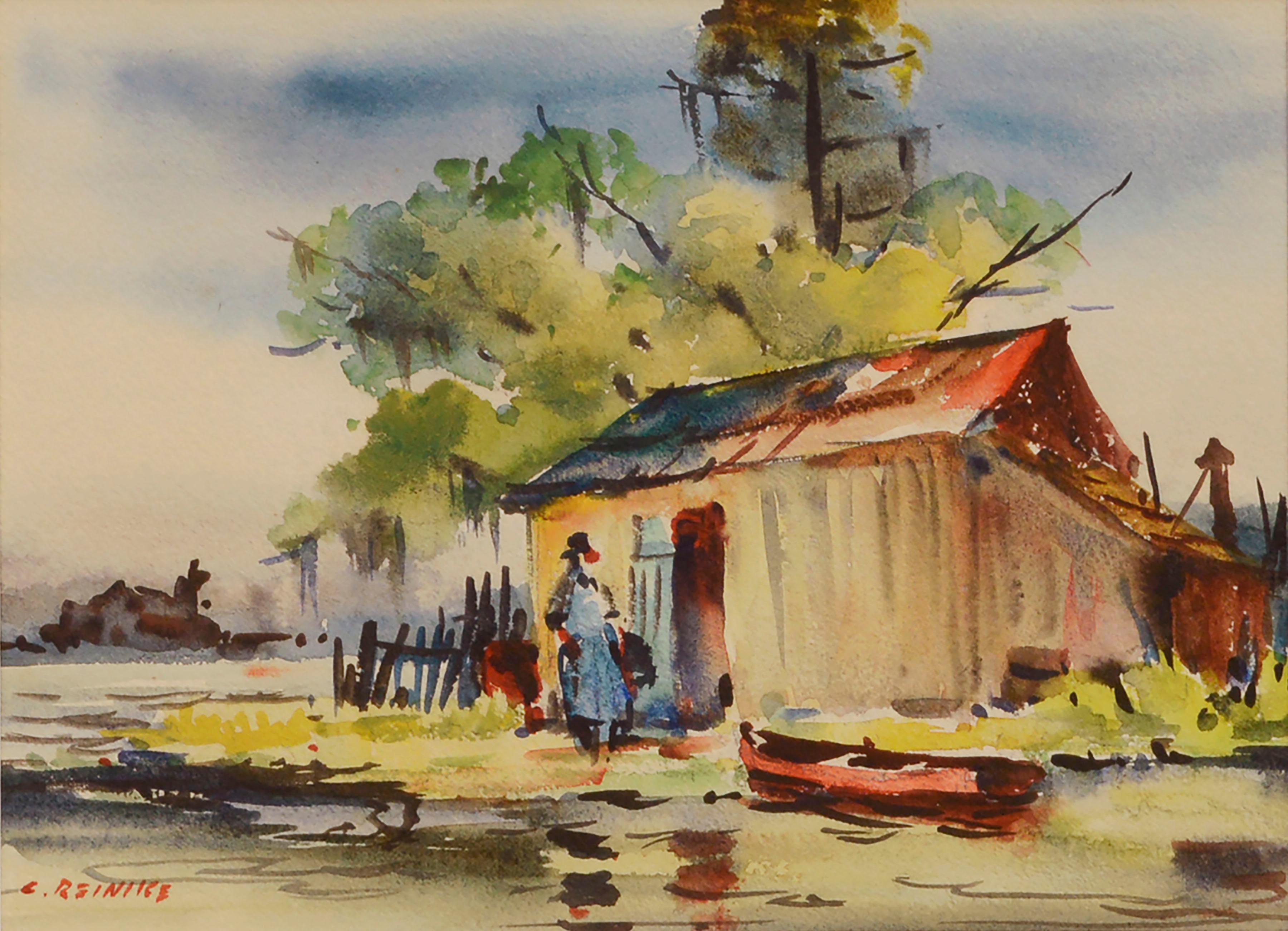 On the Bayou, Figurative Landscape Watercolor by Charles Reinike Sr. 1