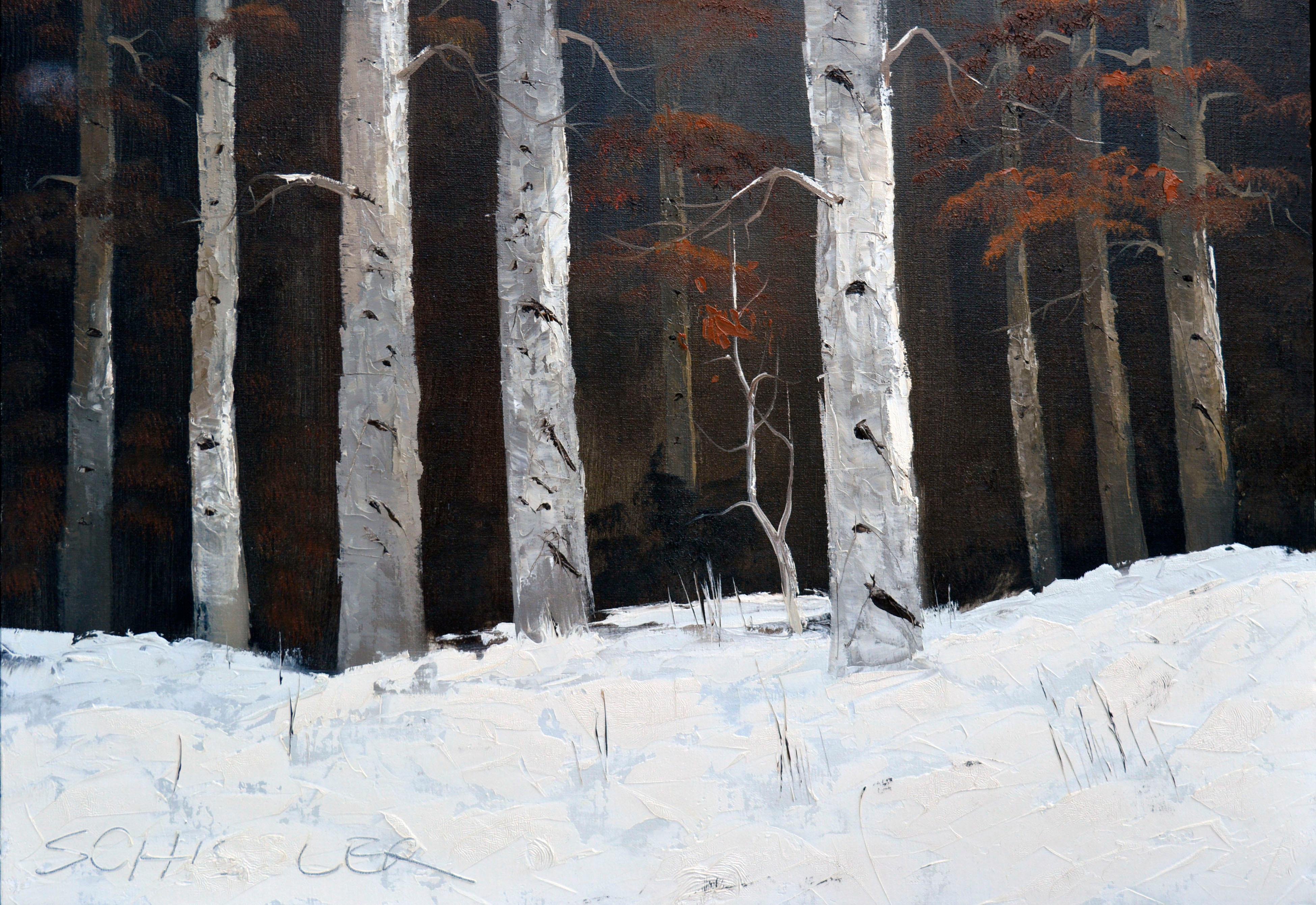 Colorado Birches in Winter Landscape - Abstract Expressionist Painting by Schissler