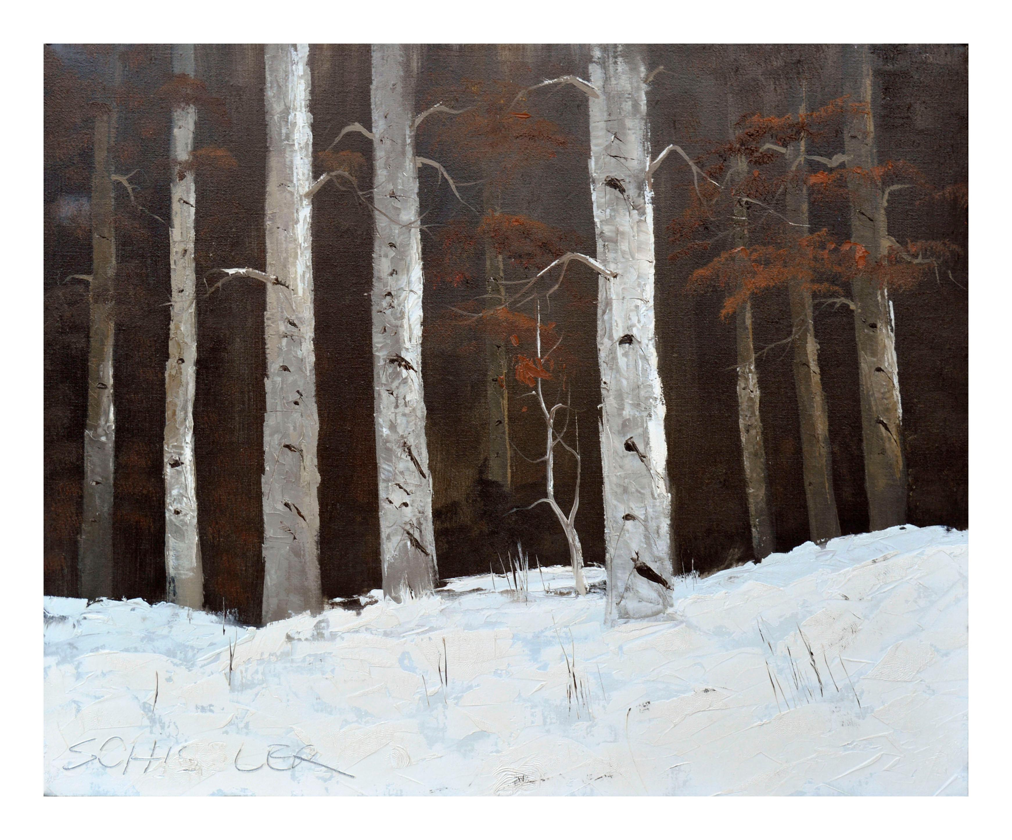 Colorado Birches in Winter Landscape - Painting by Schissler