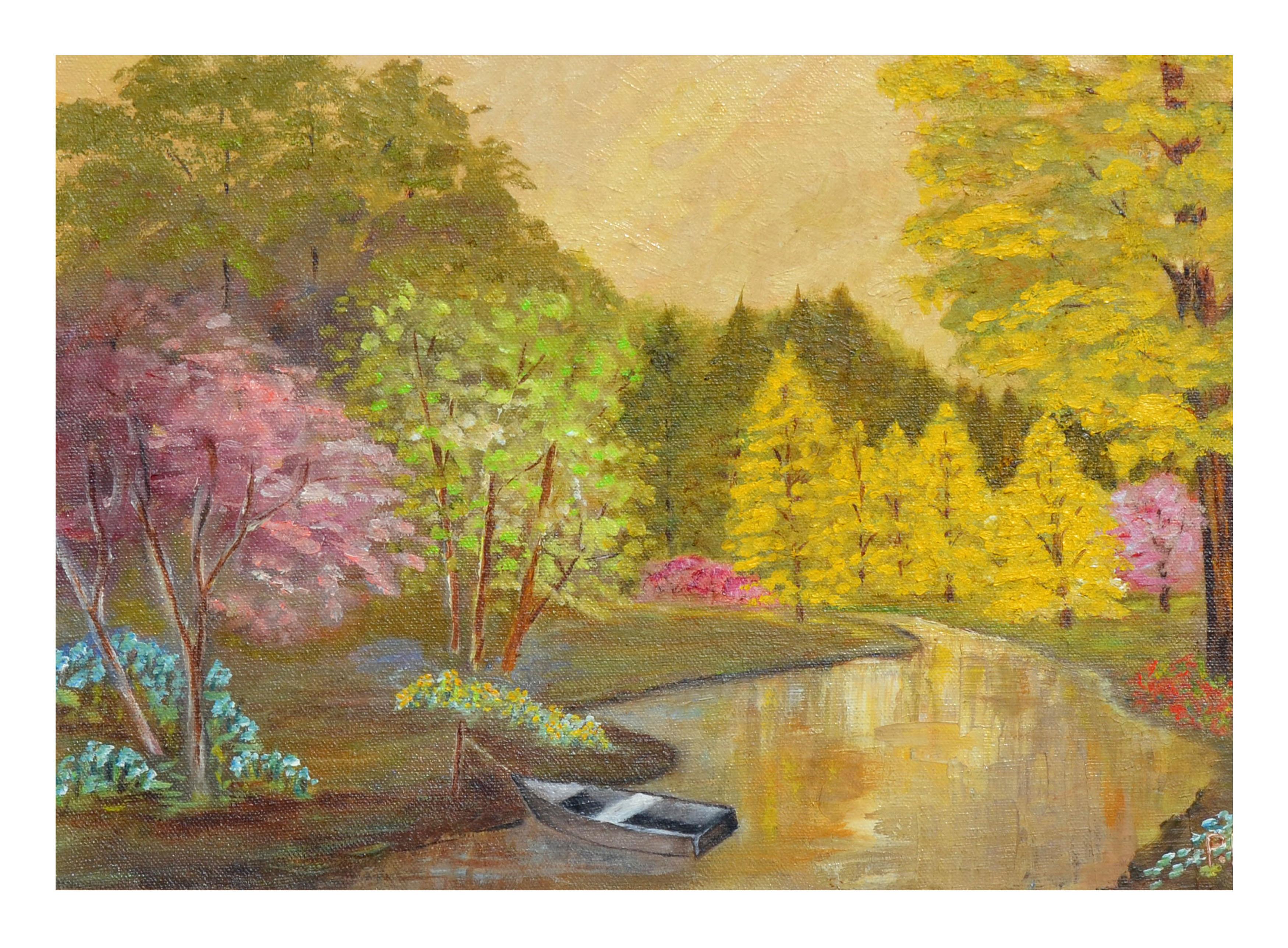 Paysage du printemps dans le parc  - Impressionnisme américain Painting par Pauline Merlotti