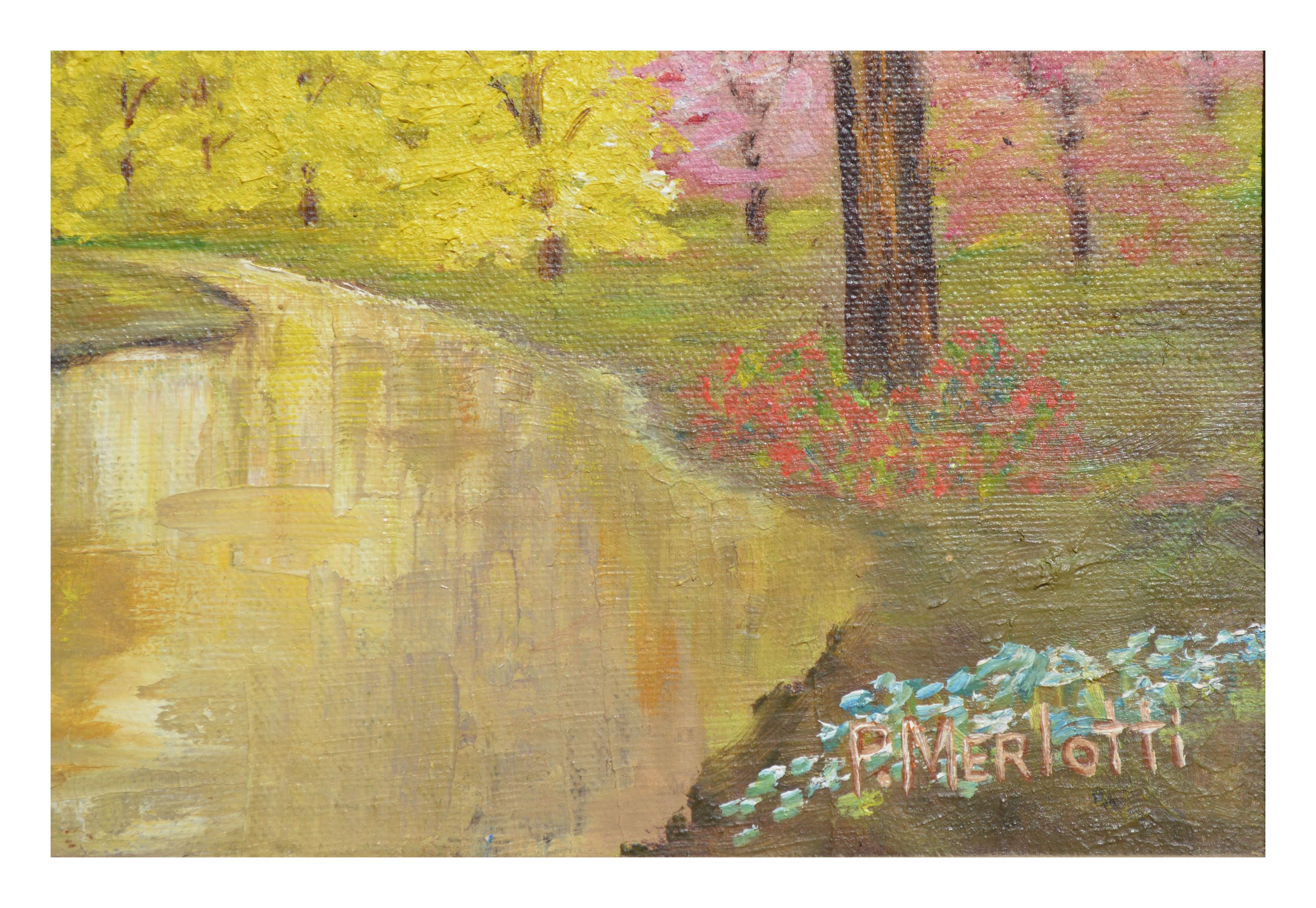 Paysage du printemps dans le parc  - Marron Landscape Painting par Pauline Merlotti