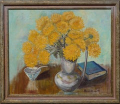 Mid Century Yellow Chrysanthemums & Book Still Life 