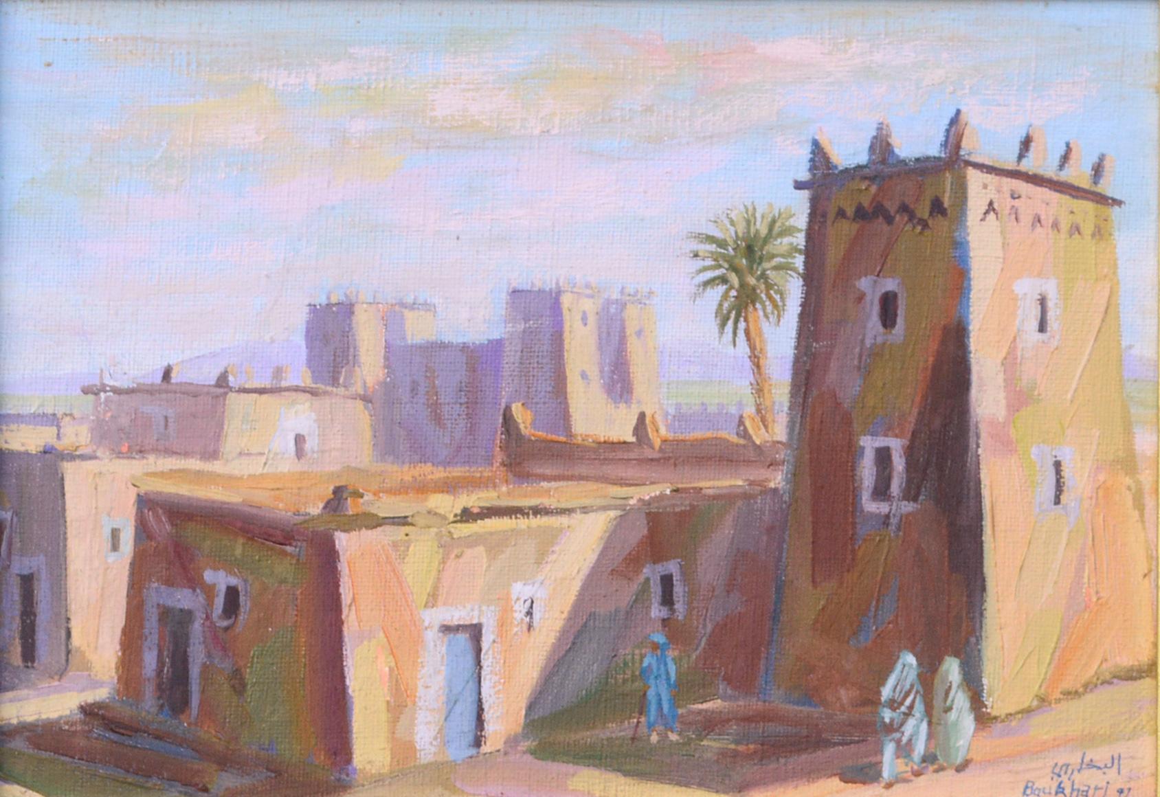 Scène de rue du Moyen-Orient, paysage de village figuratif à petite échelle  - Painting de Boukhari