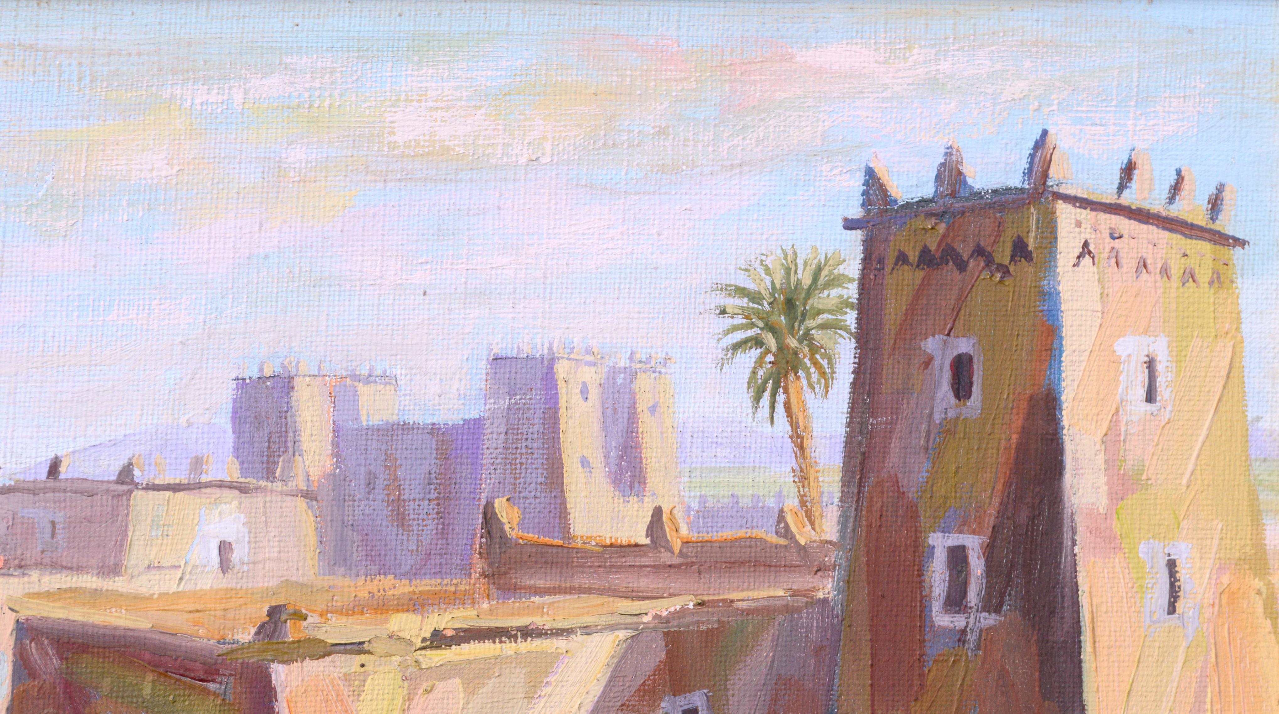 Scène de rue du Moyen-Orient, paysage de village figuratif à petite échelle  - Impressionnisme Painting par Boukhari