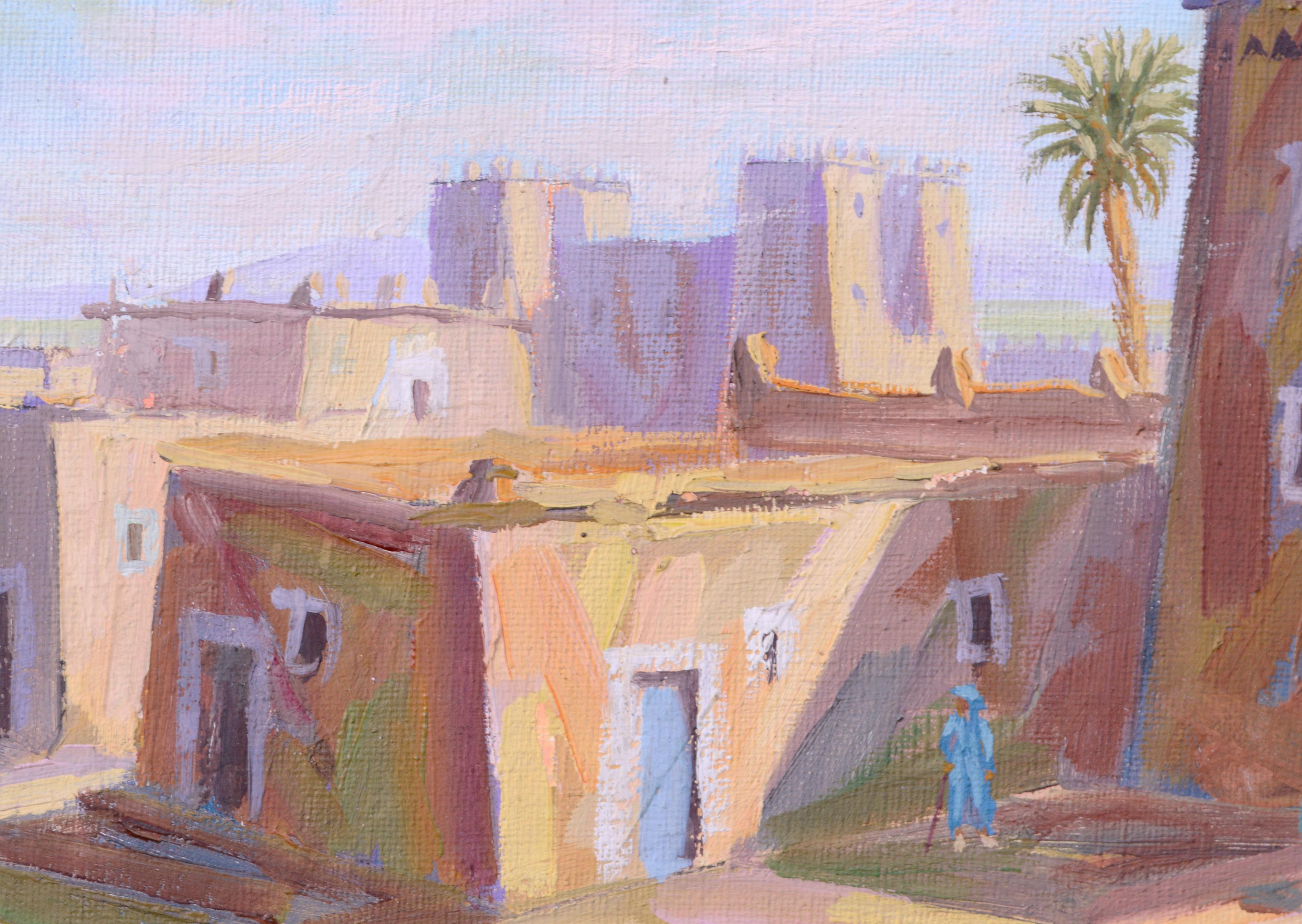 Scène de rue du Moyen-Orient, paysage de village figuratif à petite échelle  - Marron Landscape Painting par Boukhari