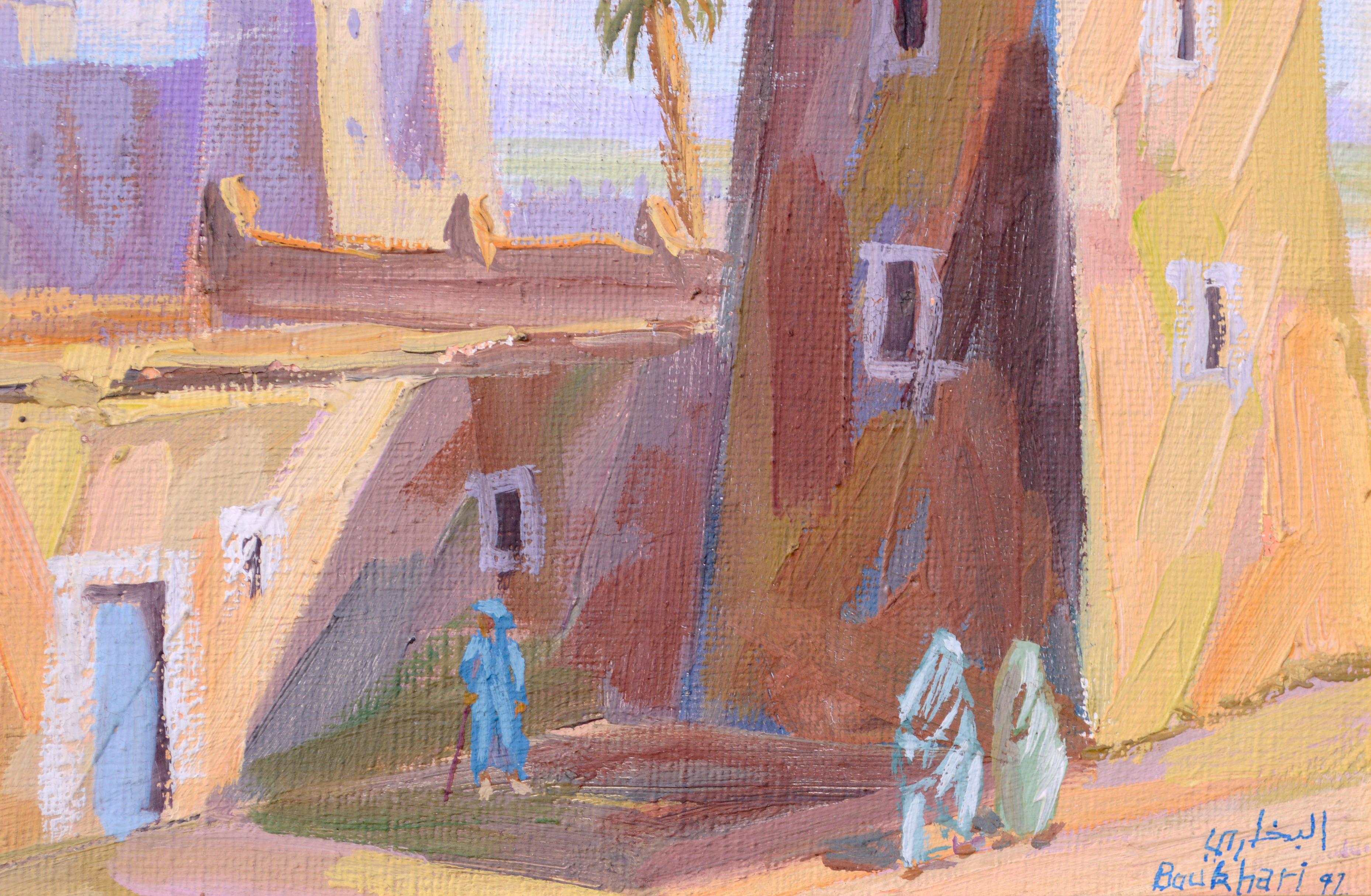 Middle Eastern Street Scene, Small-Scale Figural Village Landscape  - Impressionist Painting by Boukhari