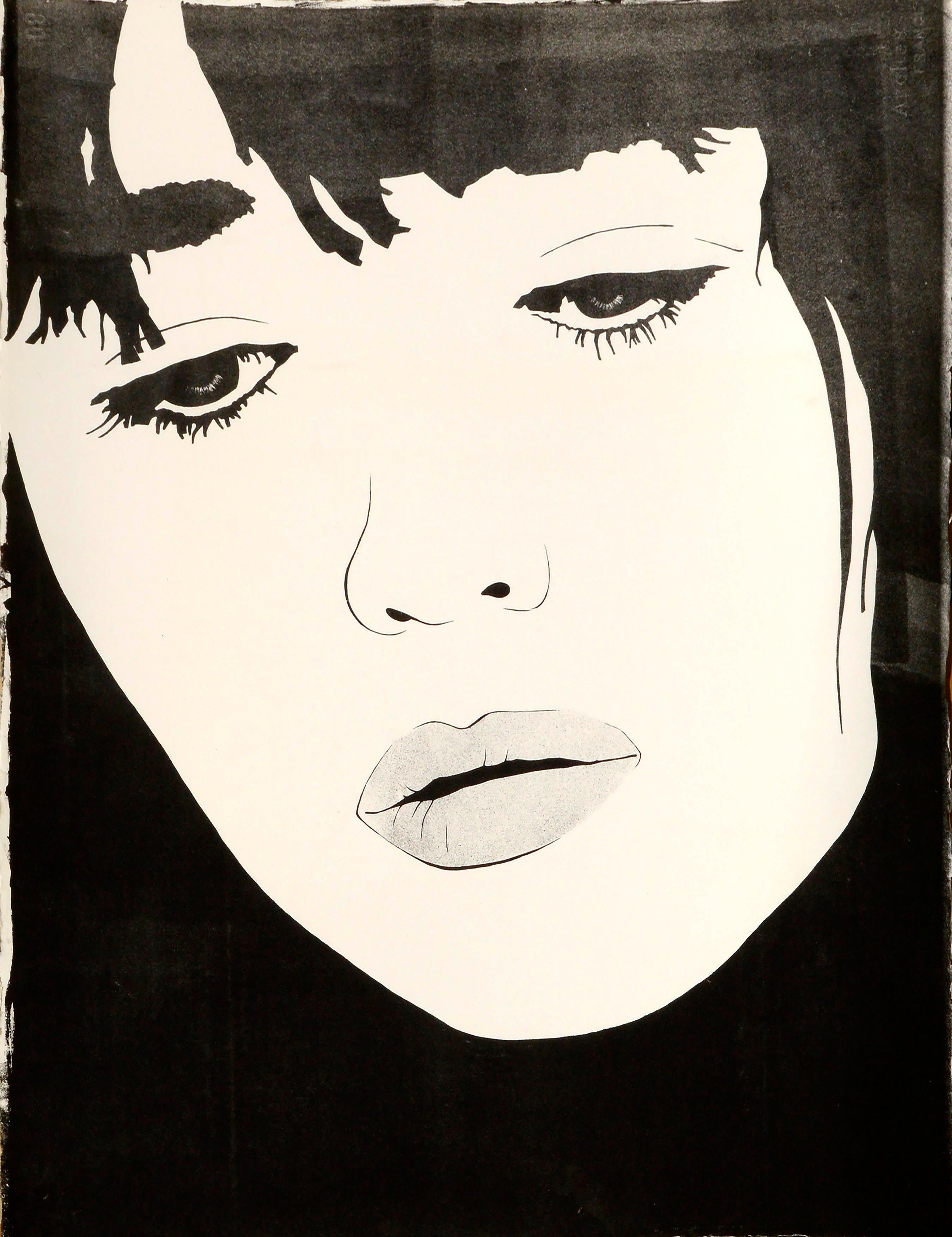 Portrait Pop Art de Kate Moss, sérigraphie noir et blanc