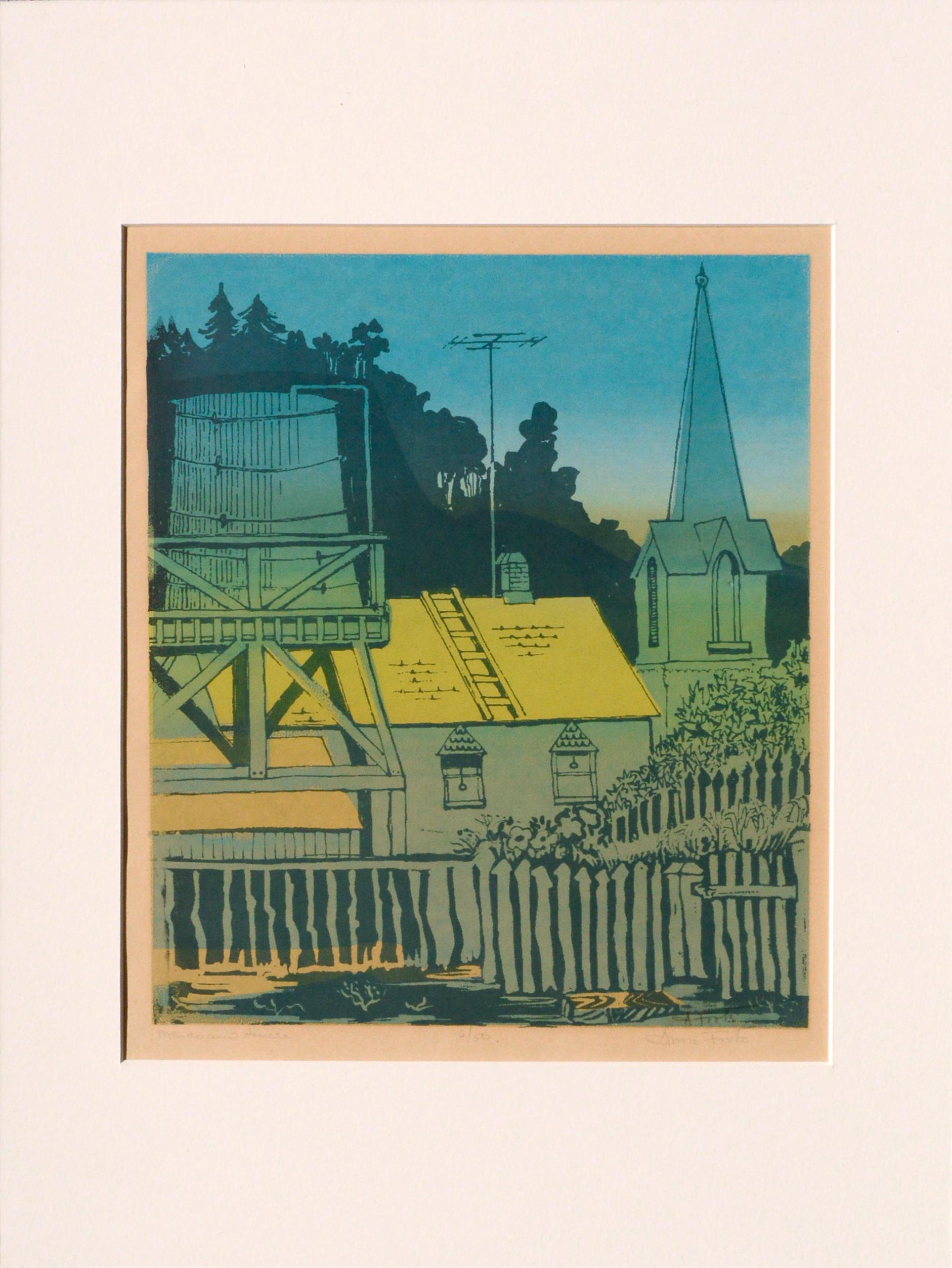 Anne Kendall Foote Landscape Print - "Mendocino Fences", Modern Landscape Serigraph in Blue & Yellow 