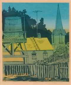 "Mendocino Fences", Modern Landscape Serigraph in Blue & Yellow