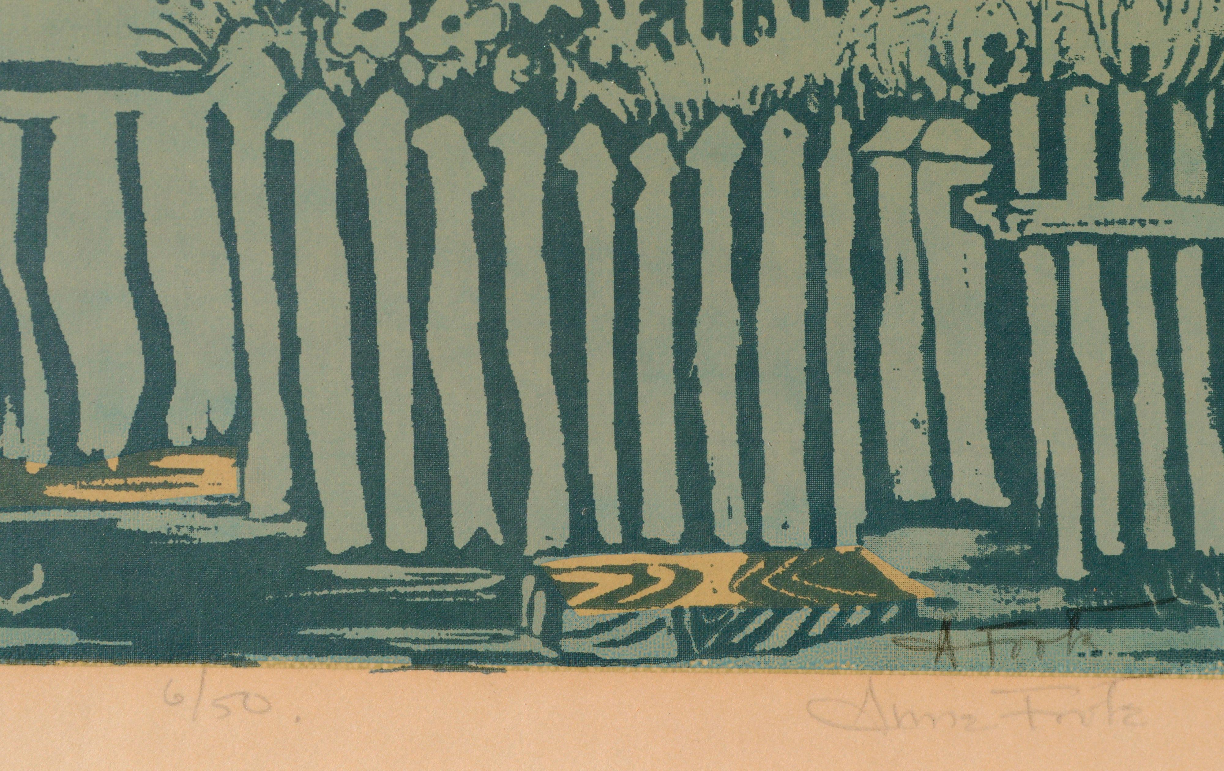 Multi-layer modern landscape serigraph in blue and yellow by Anne Kendall Foote (American, 1910-1986), c.1970s. Titled, numbered and signed along the bottom edge (