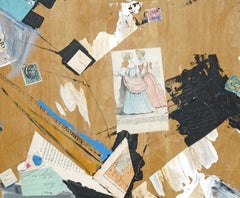 "Bologna", Contemporary Blue Abstract with Found Object Collage on Wood