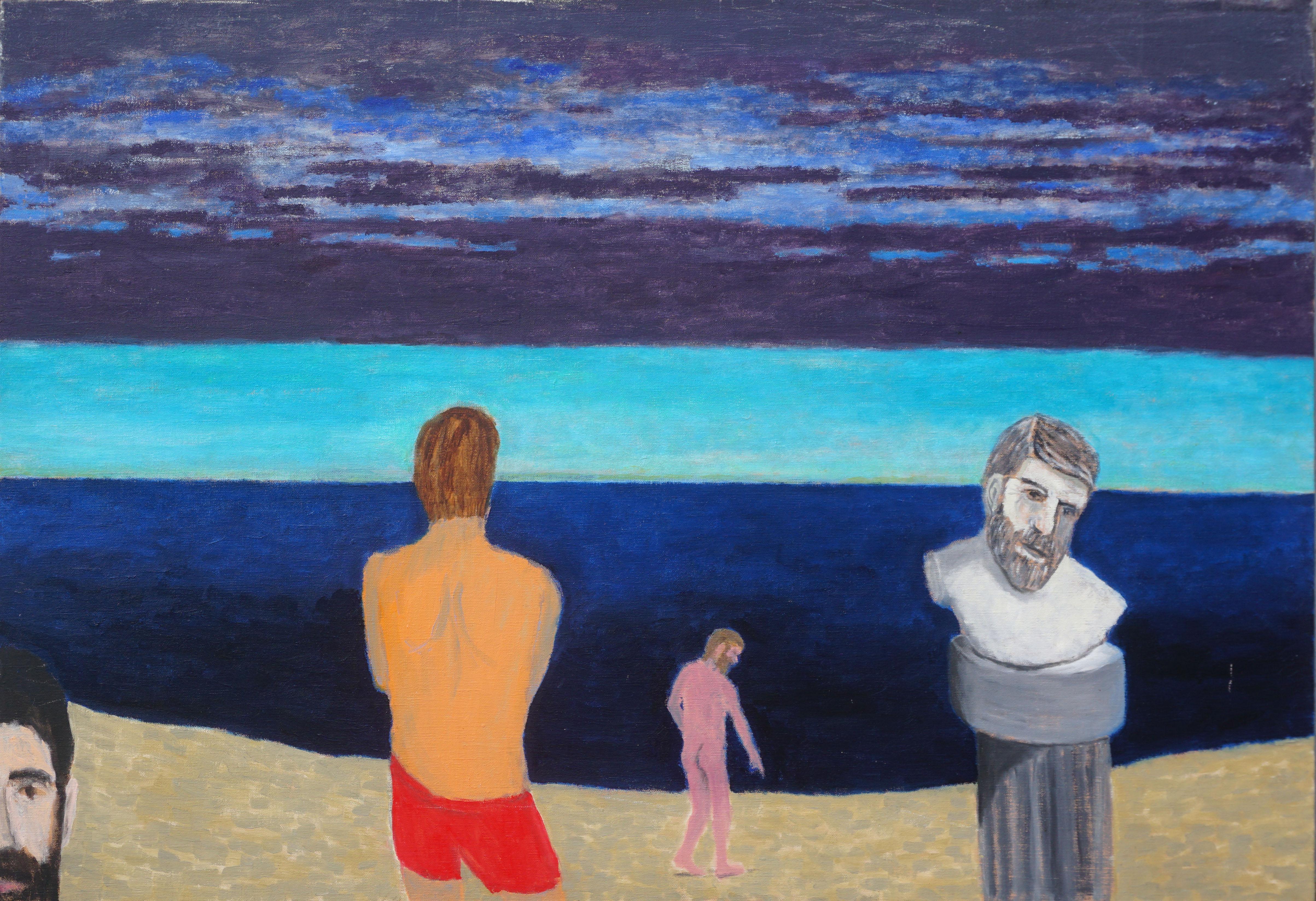 Michael Pauker  Figurative Painting - Figures on the Beach with Sculpture, Contemporary Surreal Figural Landscape