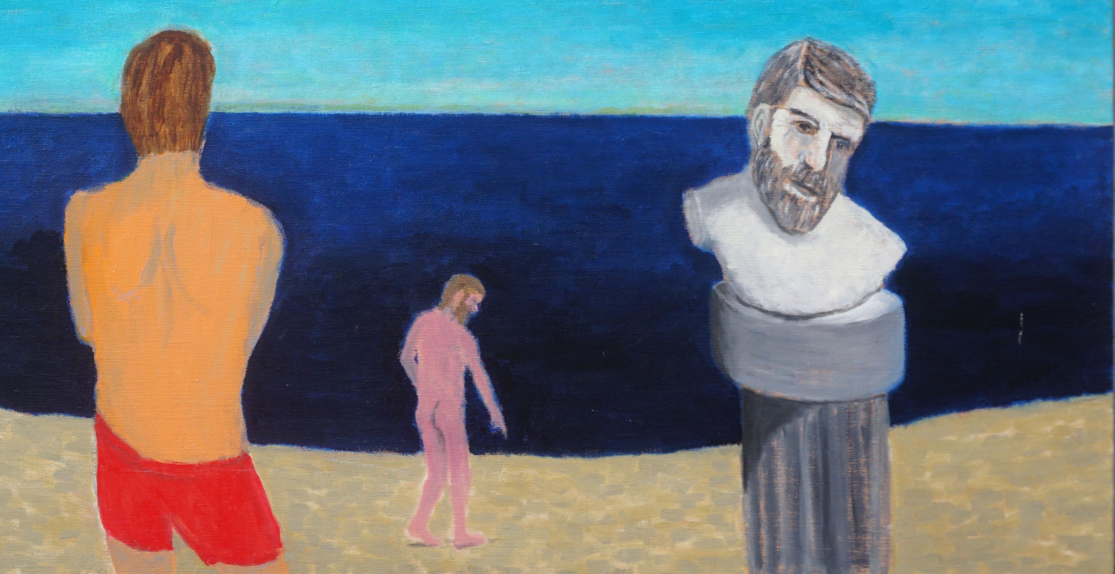 Figuren am Strand mit Skulptur, zeitgenössische surreale figurale Landschaft, Figuren – Painting von Michael Pauker 