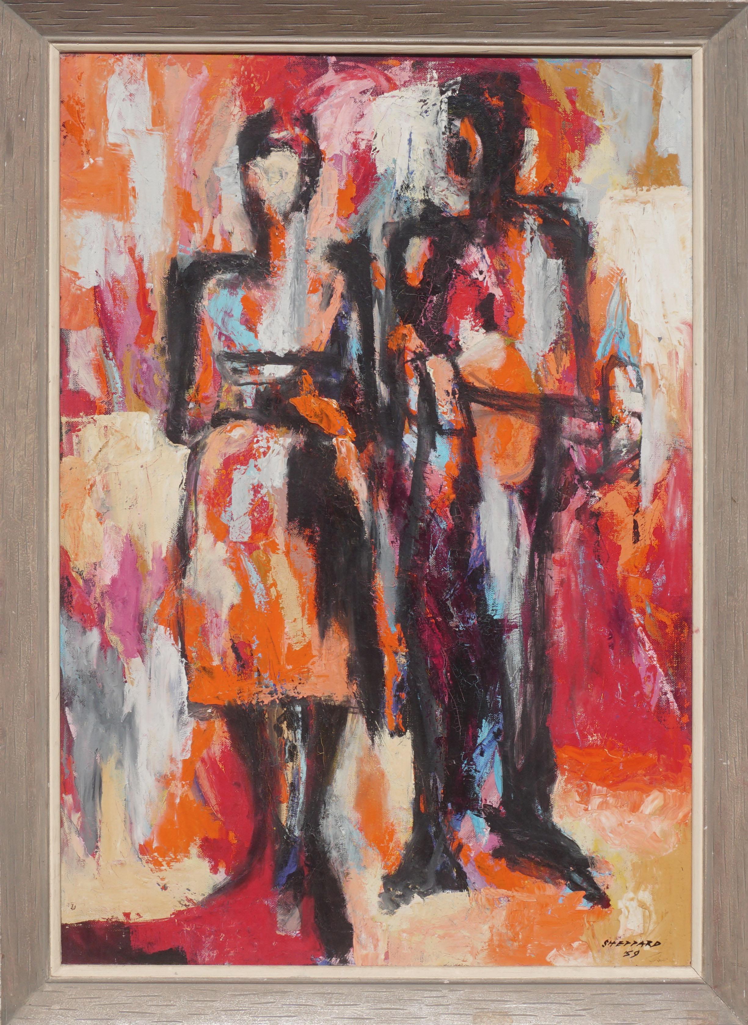 Paul Sheppard Figurative Painting - Mid Century Abstracted Figurative -- Downtown Couple Art Exhibit