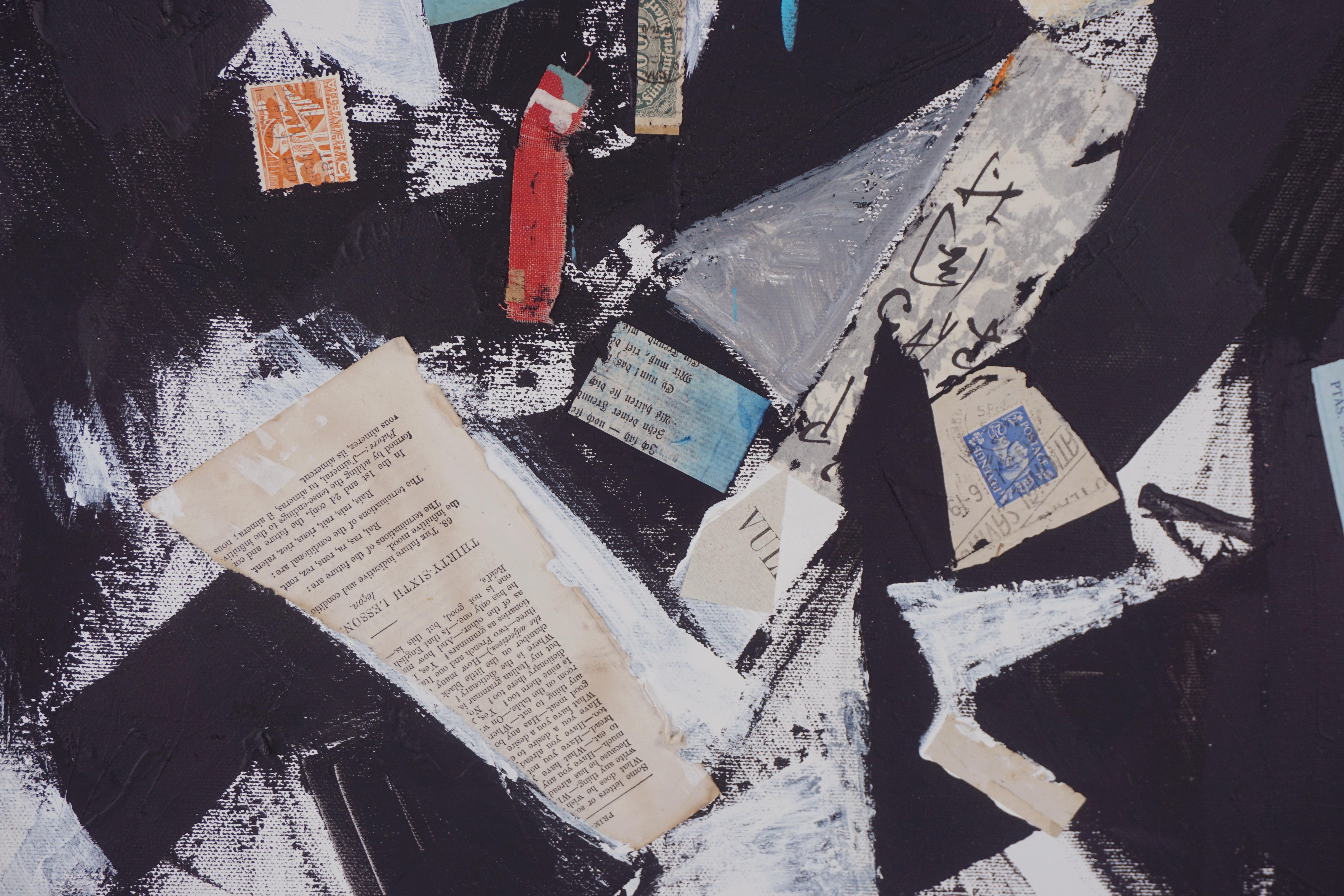 Peinture à l'huile expressionniste abstraite et collage de l'artiste de la Bay Area Michael Pauker (américain, né en 1957). Comprend de la peinture à l'huile en noir et blanc avec des extraits de journaux et des timbres. Extrait d'une collection de