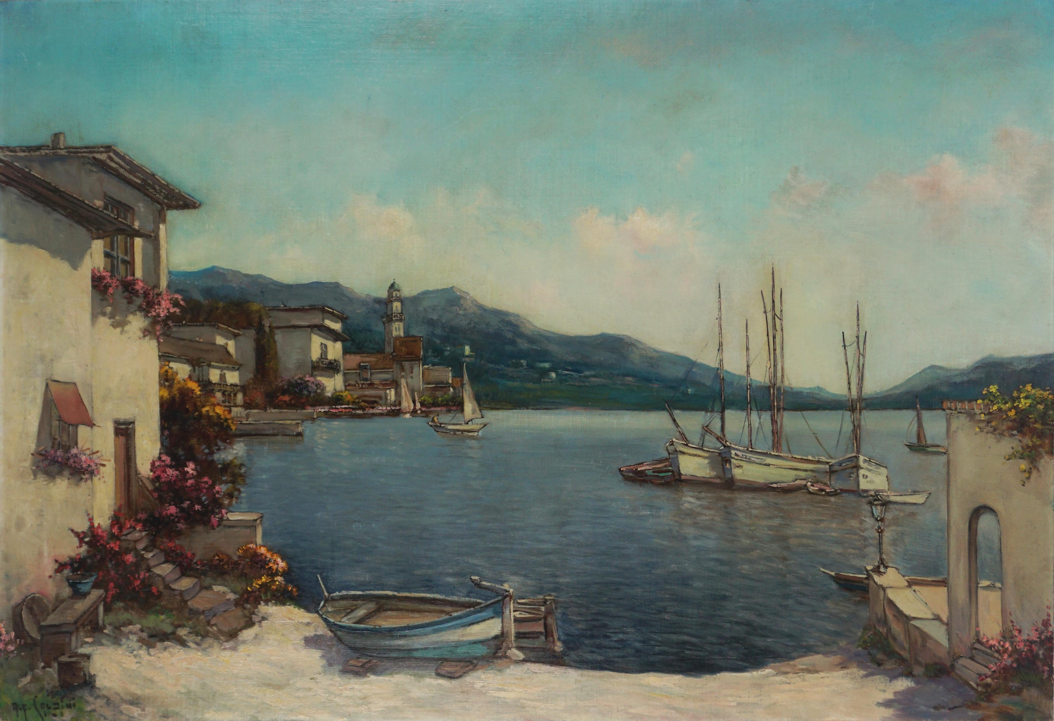 Alfredo Caldini Landscape Painting - Mid Century Lake Como, Northern Italy Landscape 