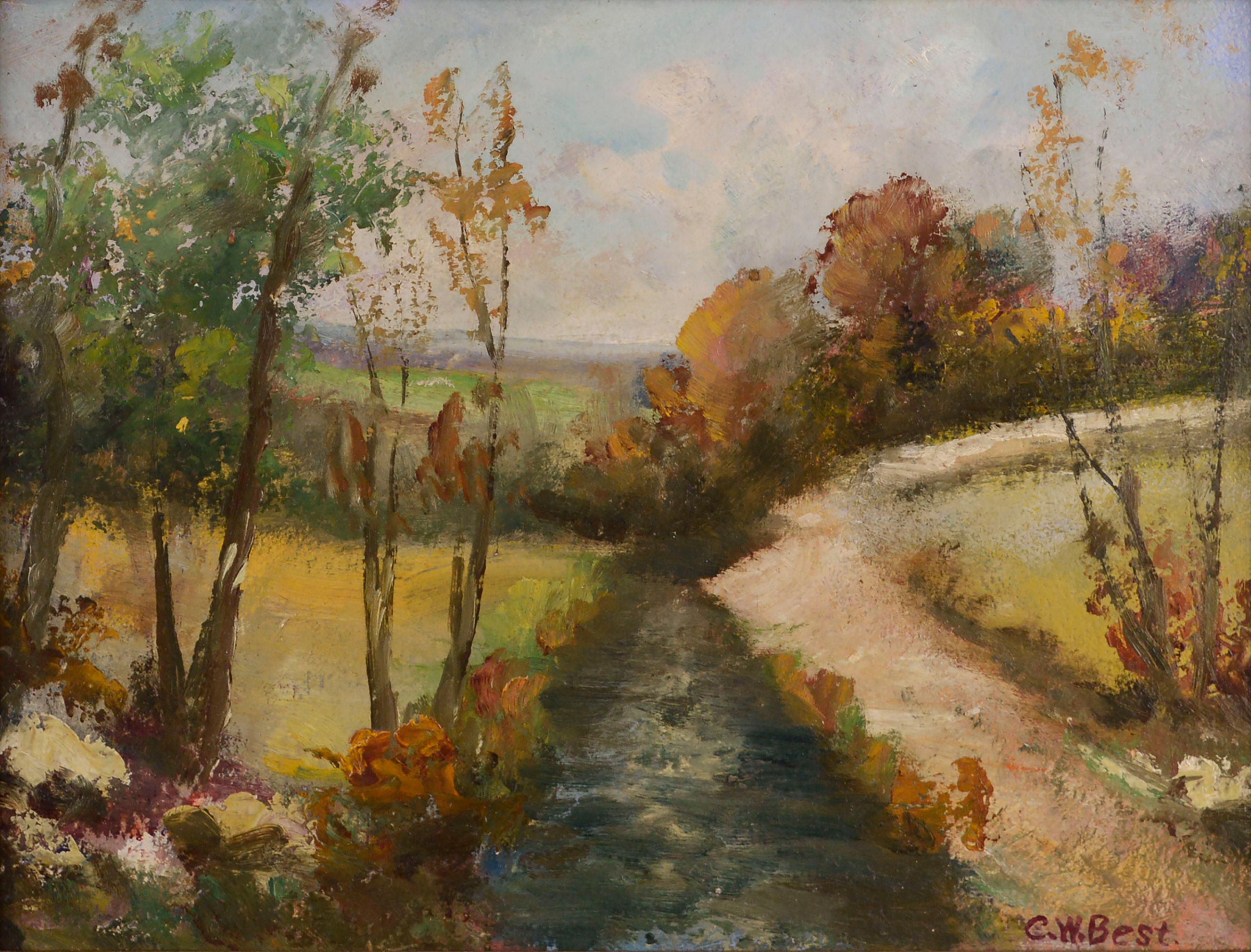 County Bucks, Paysage Country Lane - Paysage du milieu du siècle dernier - Painting de Cora W. Best 