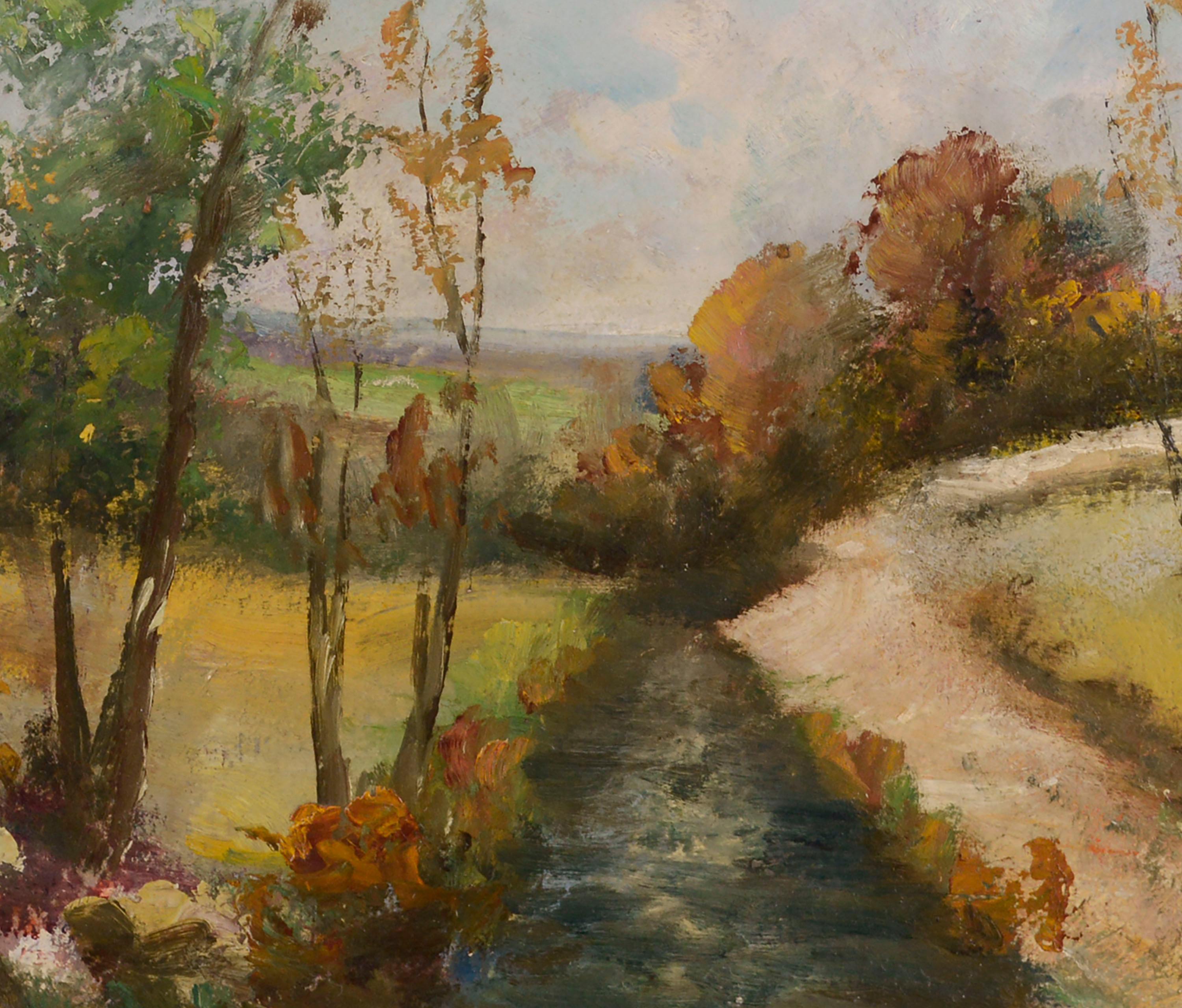 County Bucks, Paysage Country Lane - Paysage du milieu du siècle dernier - Impressionnisme américain Painting par Cora W. Best 