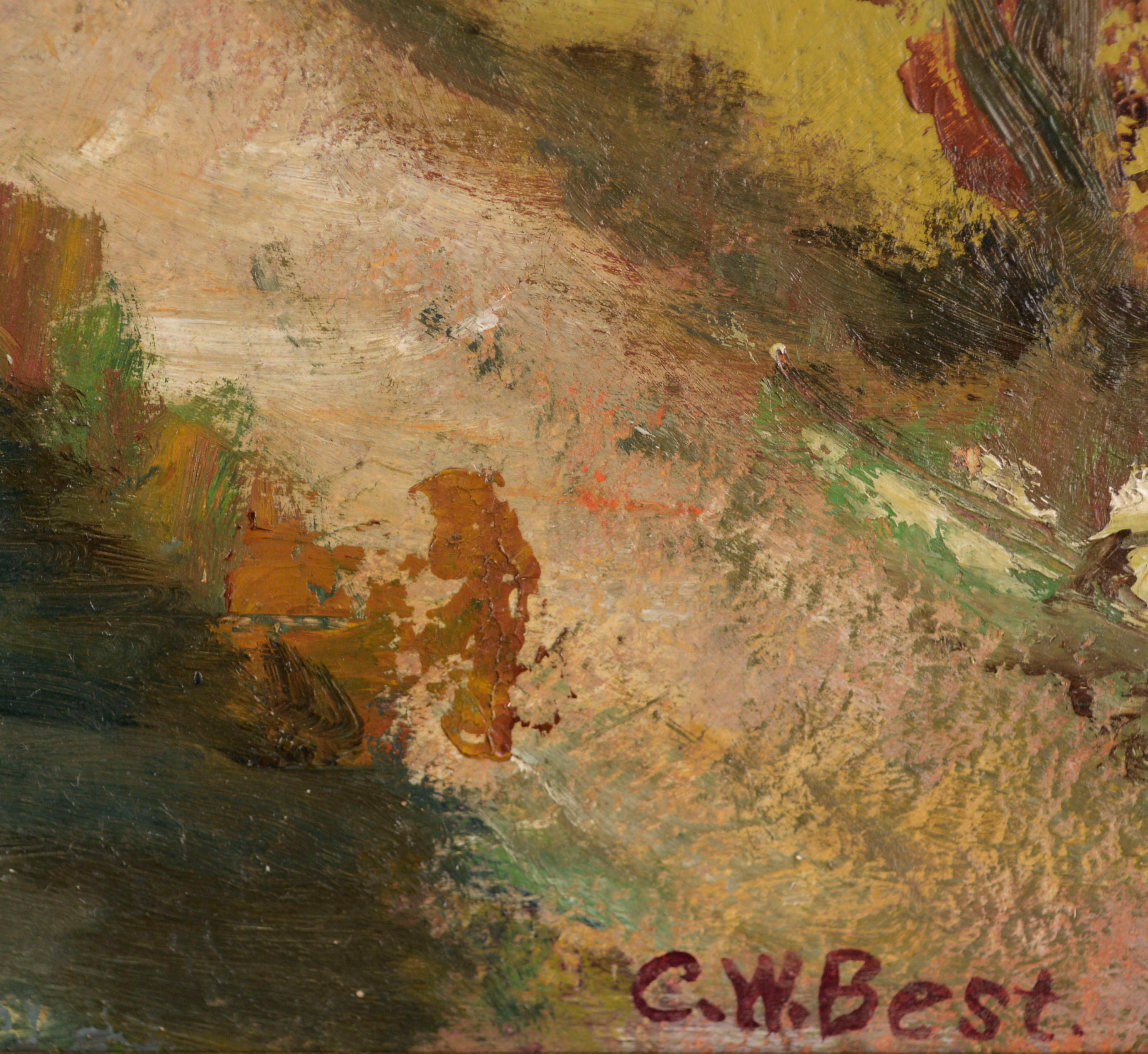County Bucks, Paysage Country Lane - Paysage du milieu du siècle dernier - Marron Landscape Painting par Cora W. Best 