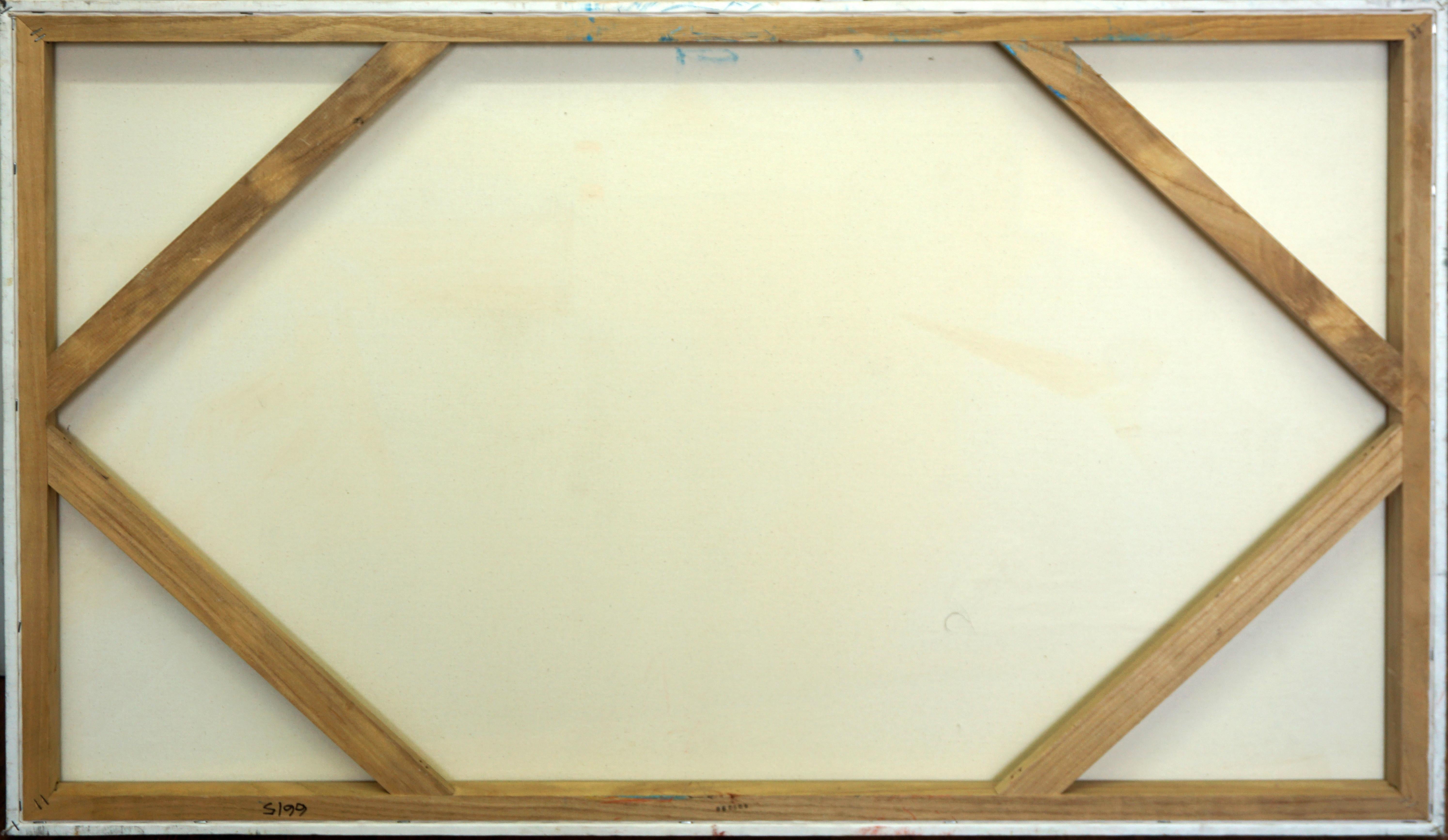 Scena d'interni astratta cubista contemporanea di grandi dimensioni, composta da forme geometriche rosa e multicolore dell'artista della Bay Area Michael Pauker (americano, nato nel 1957). Le geometrie sono fratturate in forme angolari che alludono
