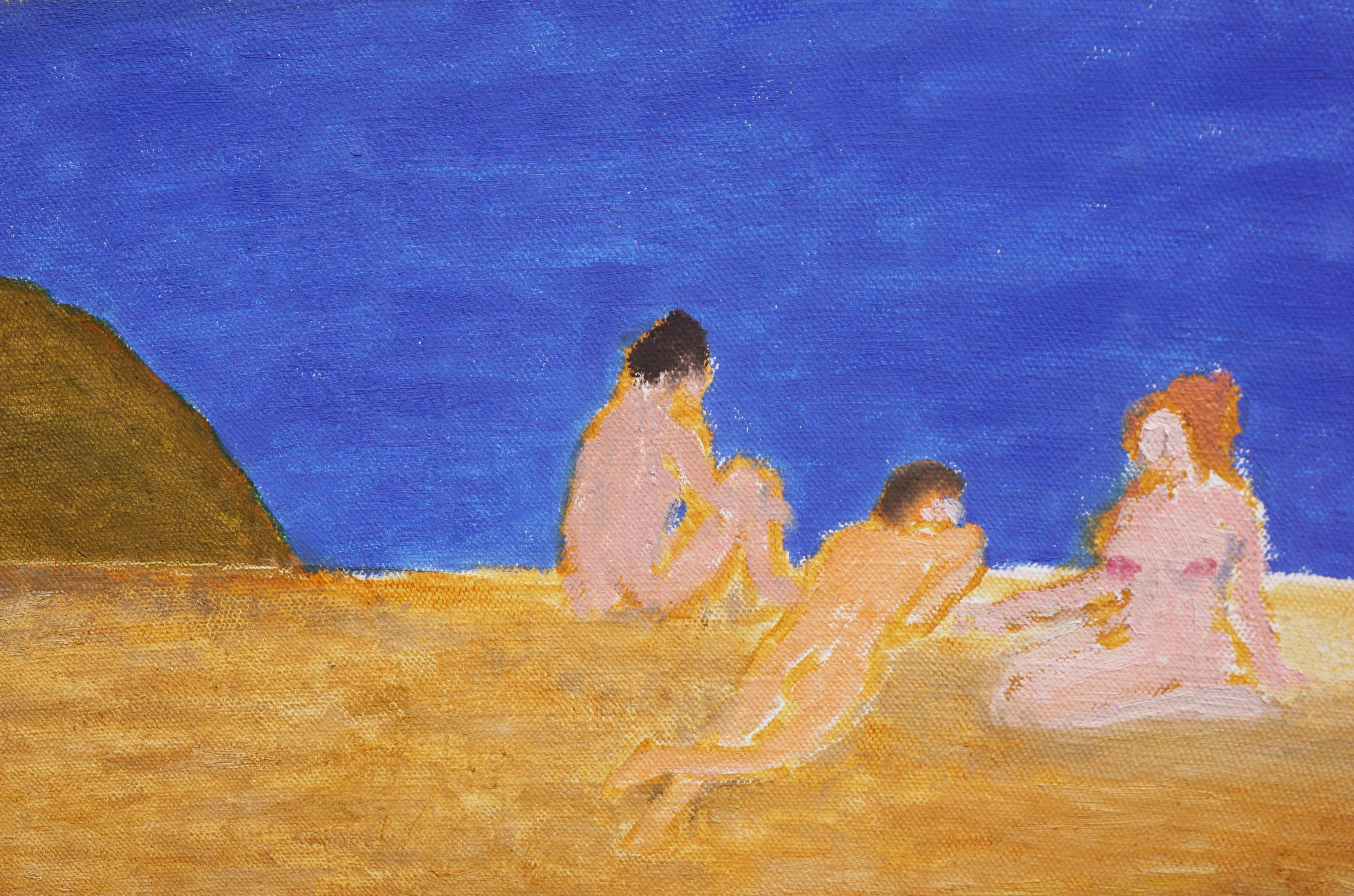 Nudi sulla spiaggia, astratto figurativo surreale contemporaneo con autoritratto - Painting Contemporaneo di Michael Pauker 