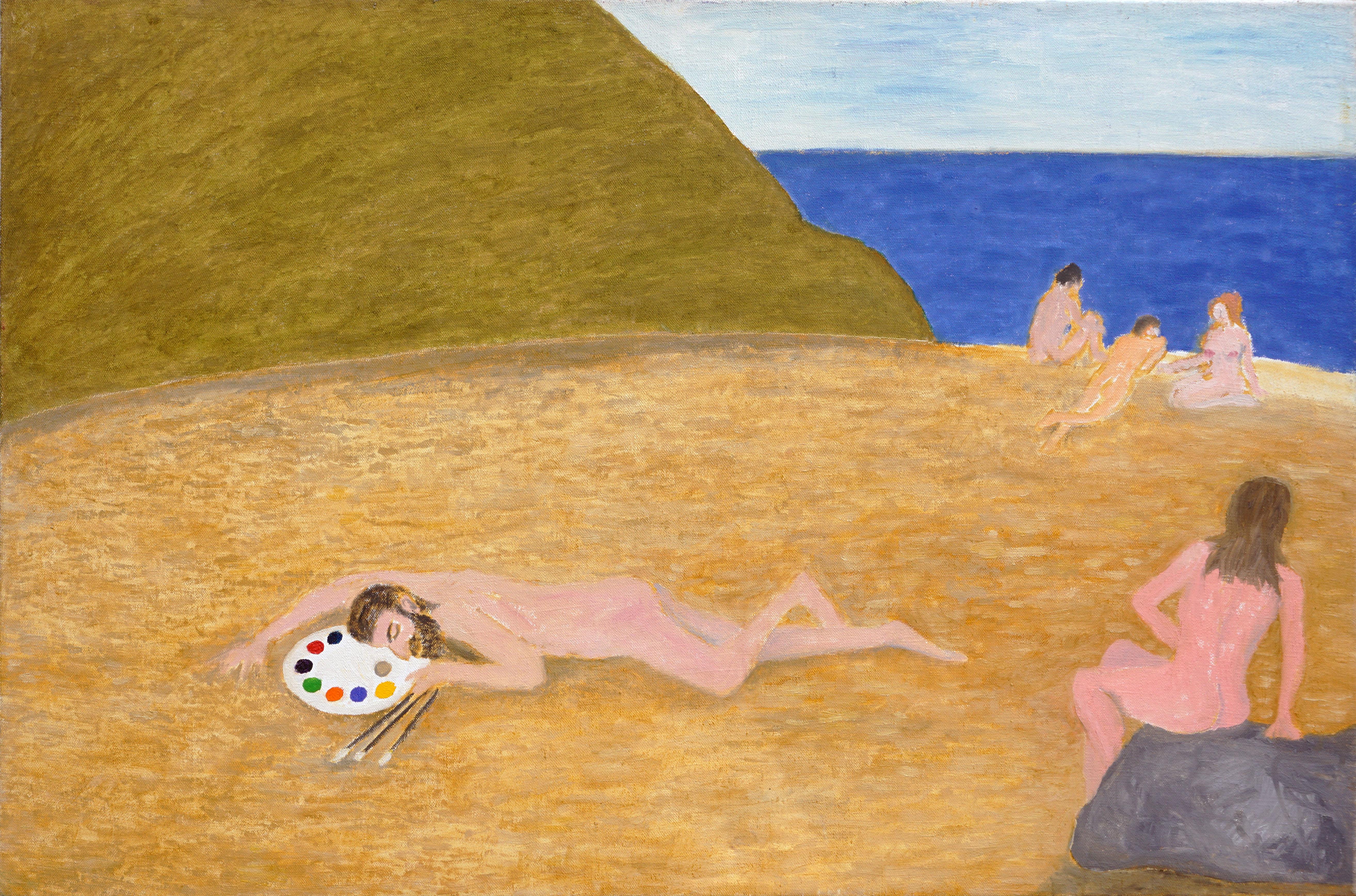 Nude Painting di Michael Pauker  - Nudi sulla spiaggia, astratto figurativo surreale contemporaneo con autoritratto