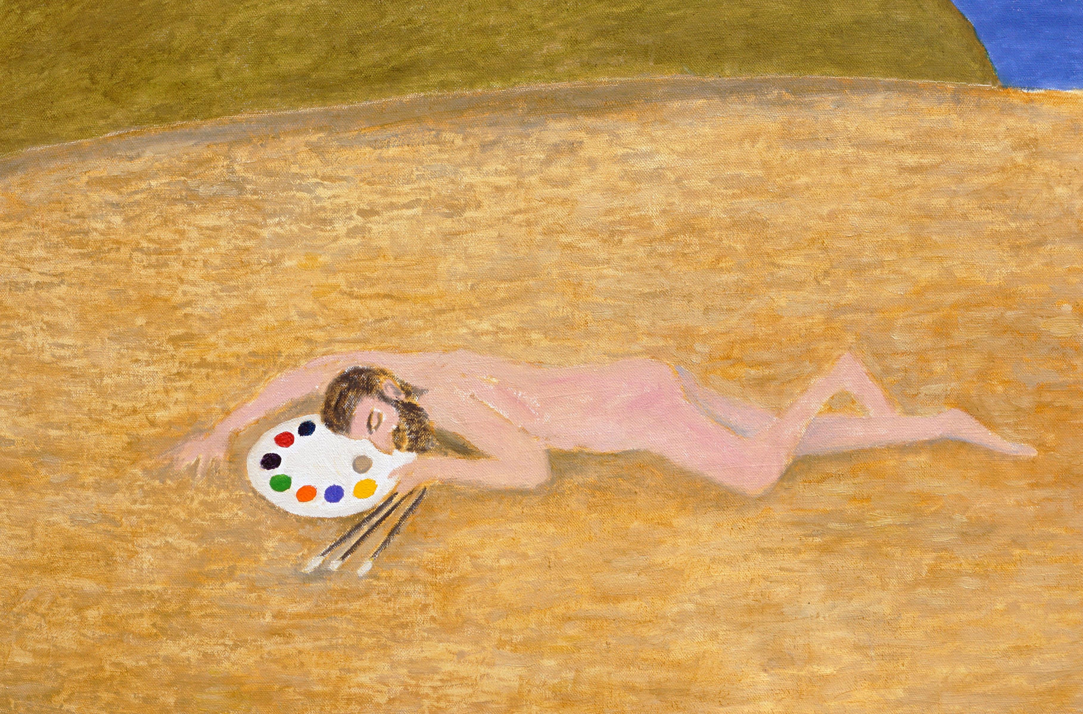 Nudi sulla spiaggia, astratto figurativo surreale contemporaneo con autoritratto - Painting di Michael Pauker 