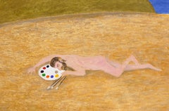 Nudes on the Beach, Contemporary Surreal Figurative Abstract with Self-Portrait