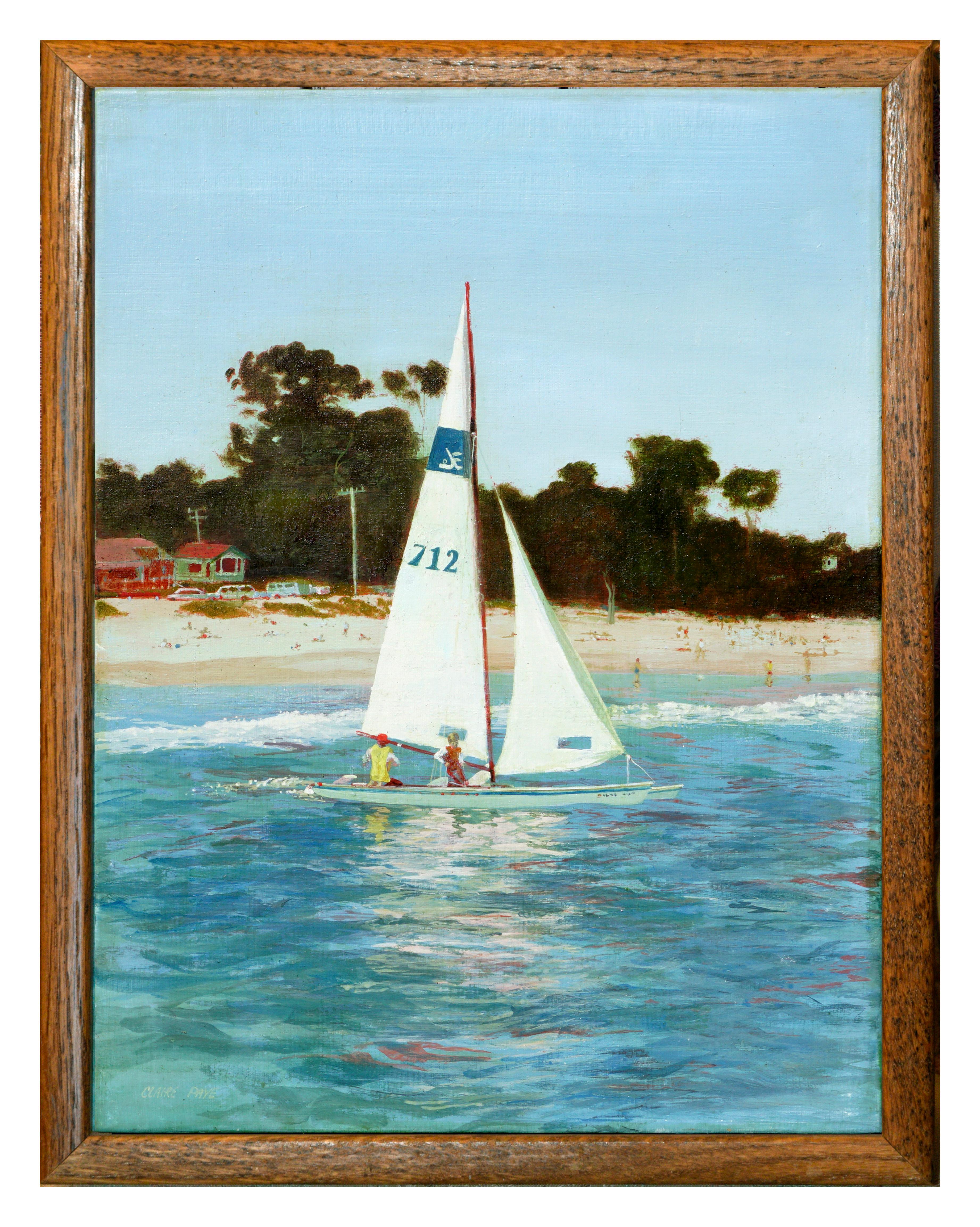 Claire Paye-Gililland Landscape Painting - "Catamaran Launch, Twin Lakes Beach" - Santa Cruz, CA Figurative Seascape 