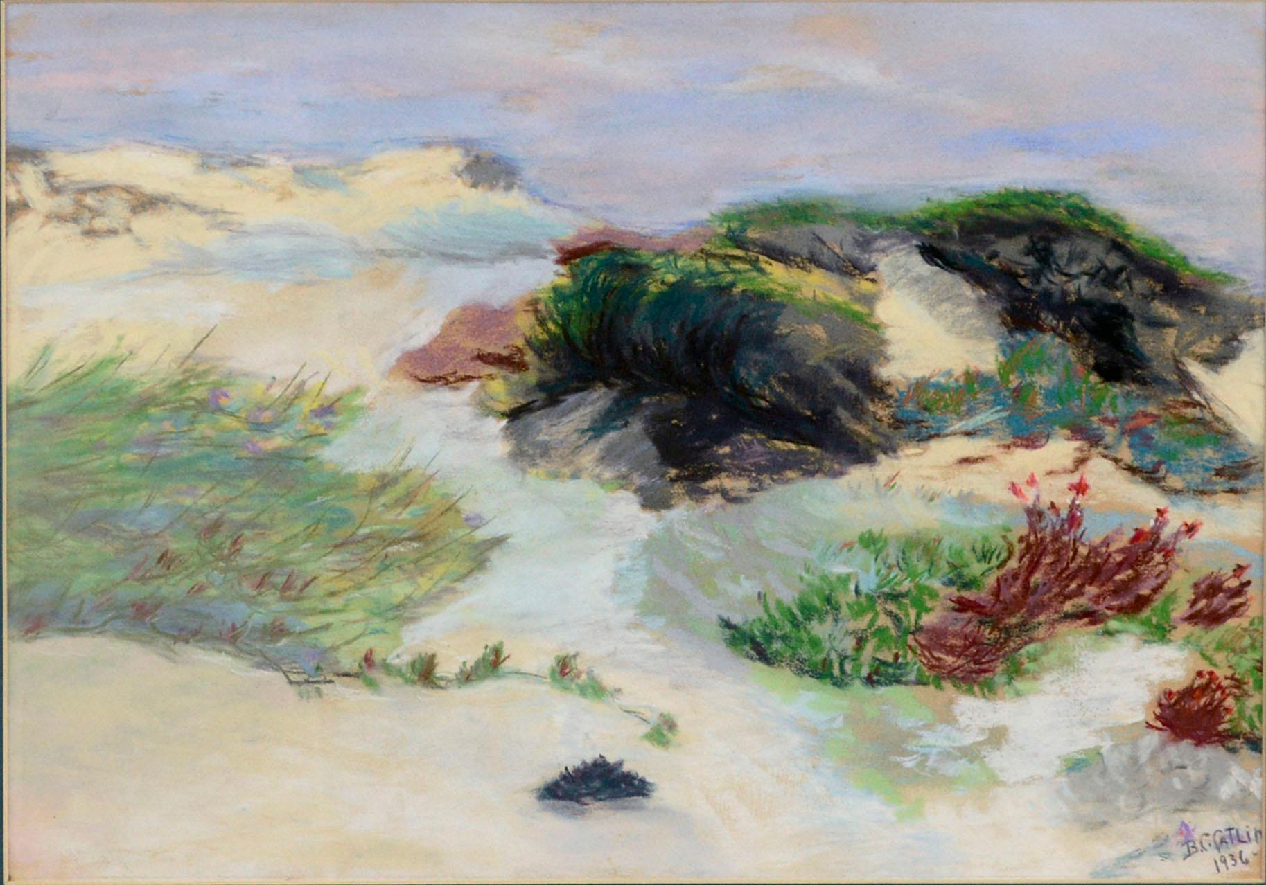 Early 20th Century Springtime Sand Dunes with Wildflowers Coastal Landscape - Painting by Betsy Cooper Catlin